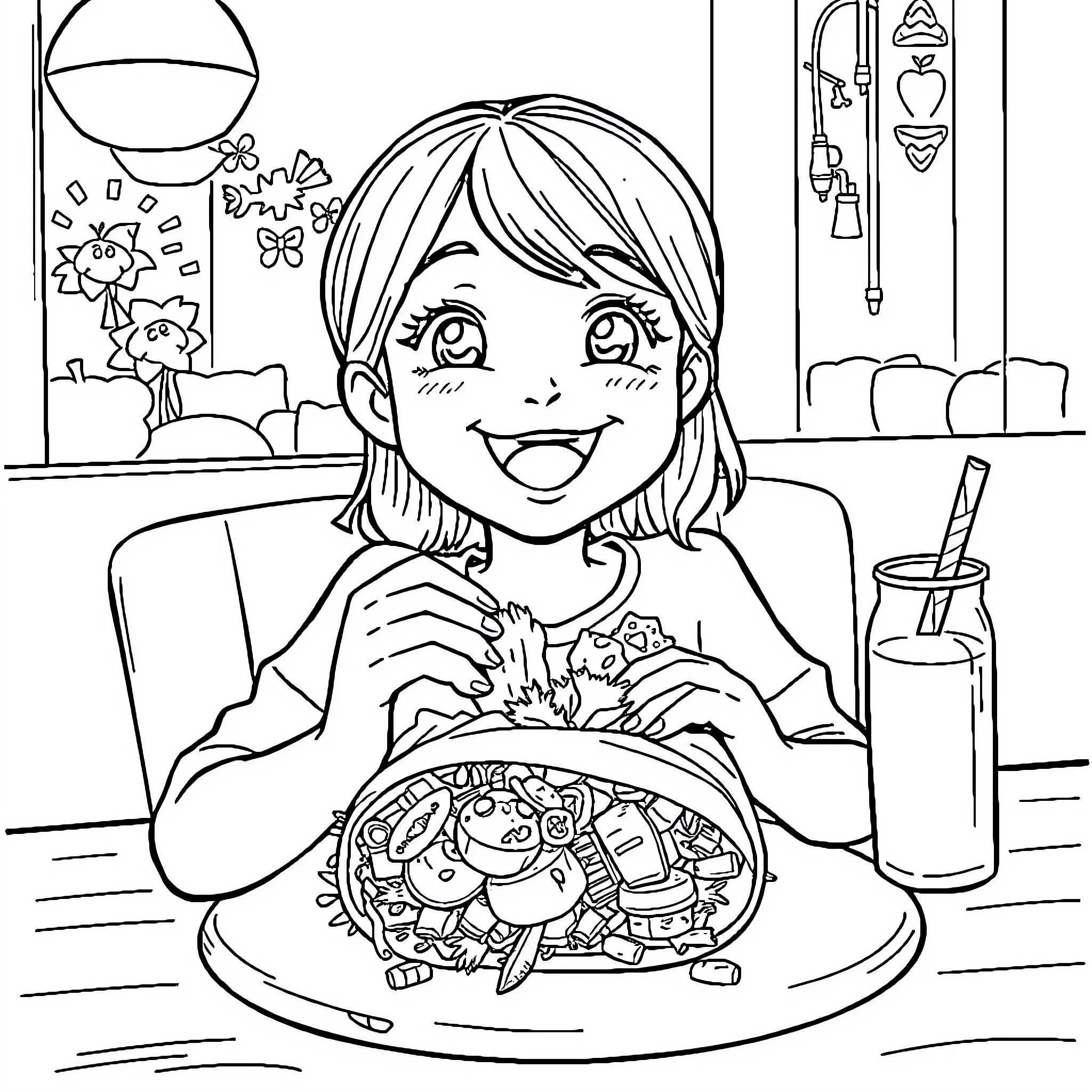 Girl enjoying a delicious meal at the cafe Coloring Page (free black-and-white line drawing printable PDF for all, from beginners to advanced learners, including children, teens, adults, and seniors)