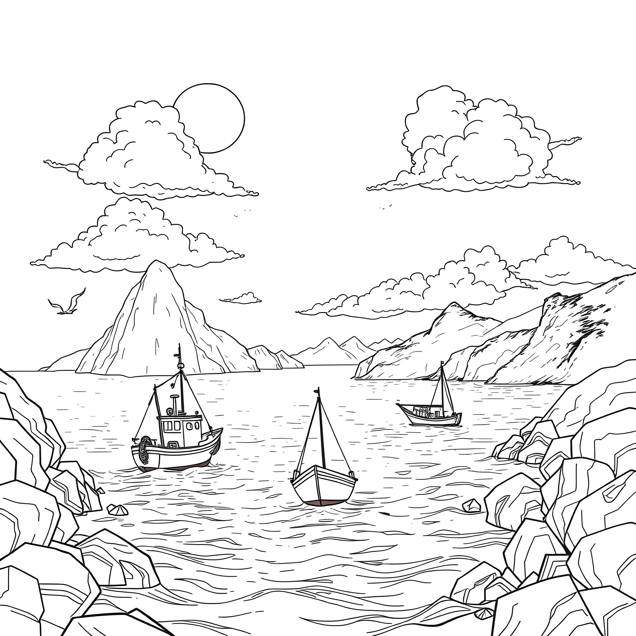 Fishing Ships Sailing in Scenic Coastal Waters Coloring Page (free black-and-white line drawing printable PDF for all, from beginners to advanced learners, including children, teens, adults, and seniors)