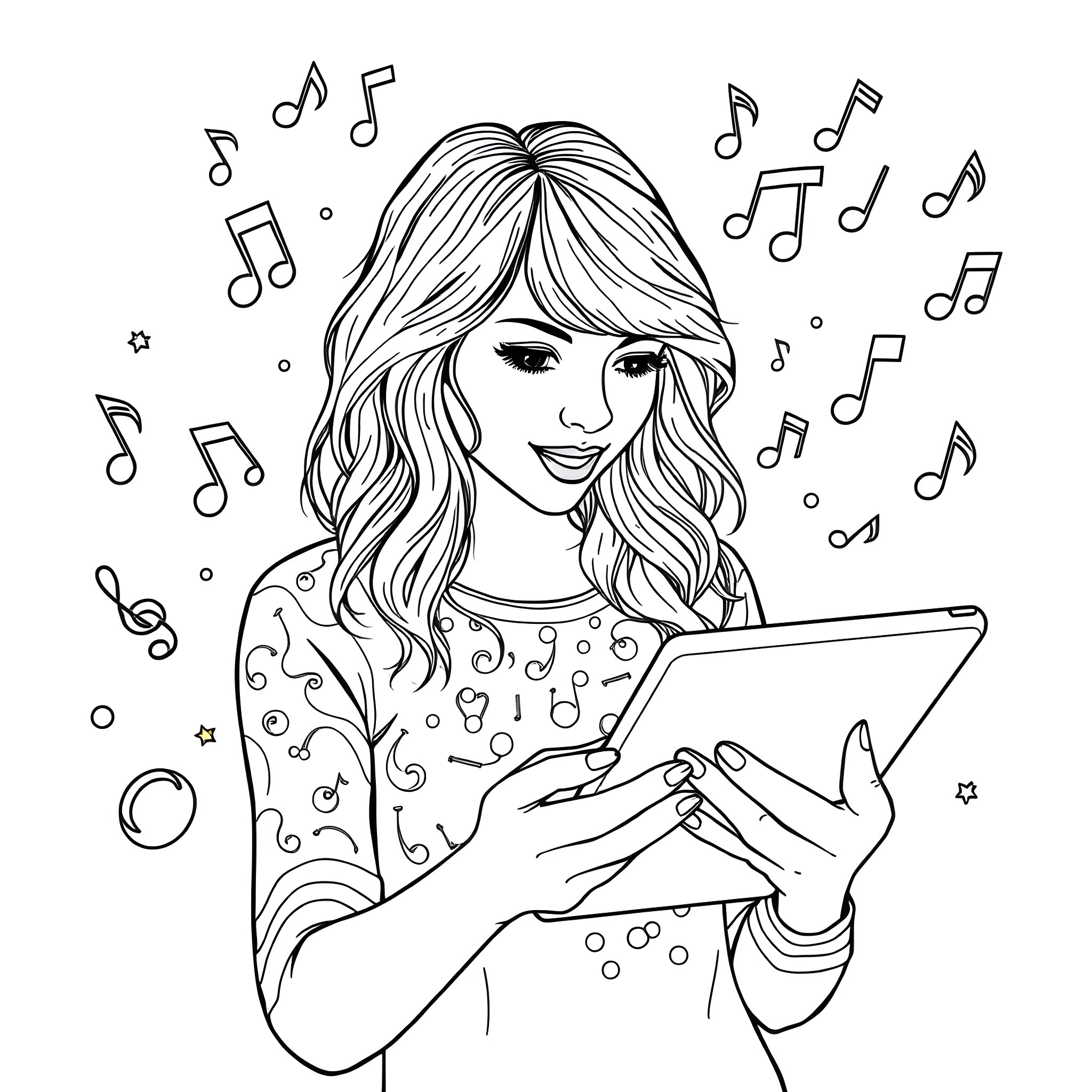 Taylor Swift Enjoys Music on Digital Tablet Coloring Page (free black-and-white line drawing printable PDF for all, from beginners to advanced learners, including children, teens, adults, and seniors)