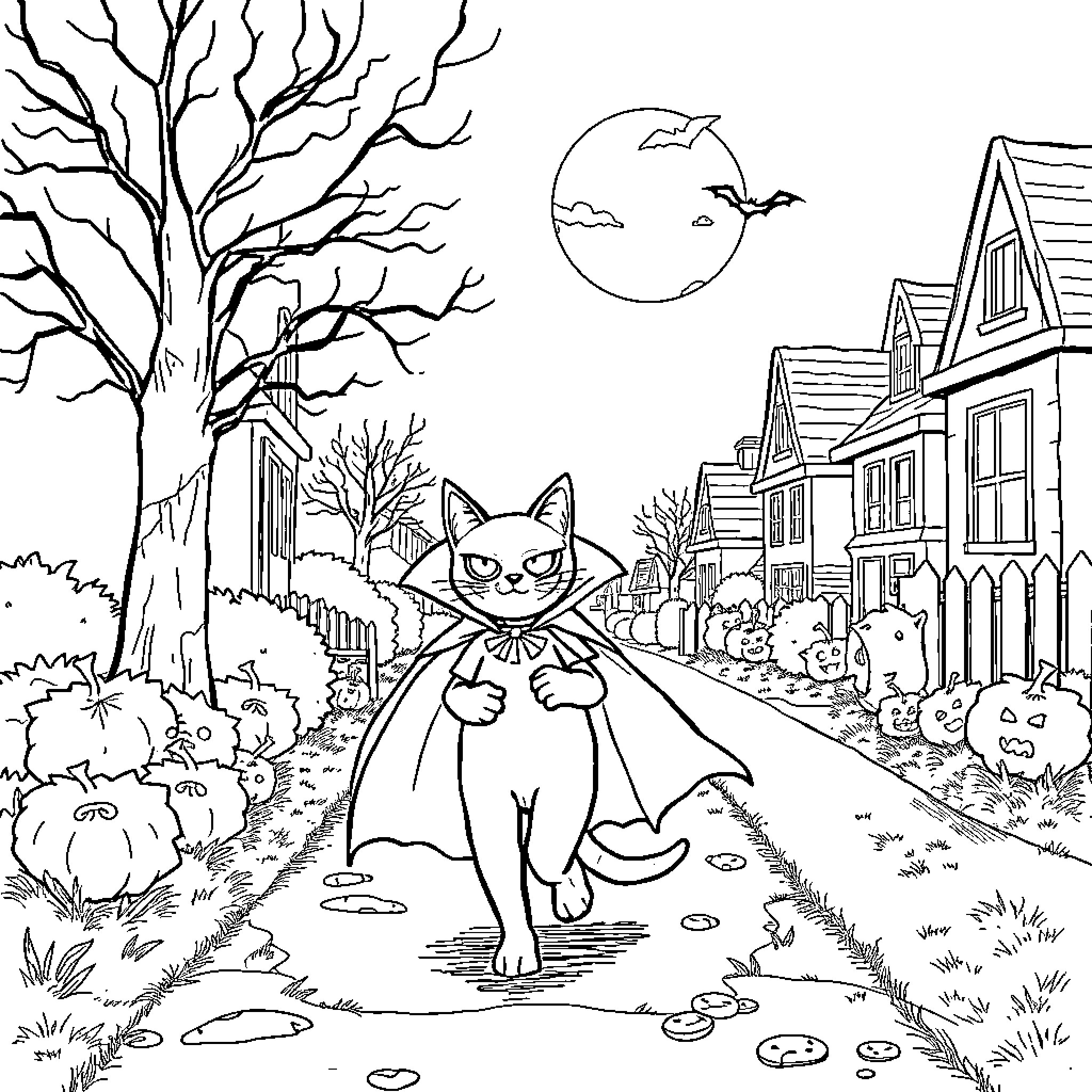Cat Exploring Spooky Halloween Neighborhood Coloring Page (free black-and-white line drawing printable PDF for all, from beginners to advanced learners, including children, teens, adults, and seniors)