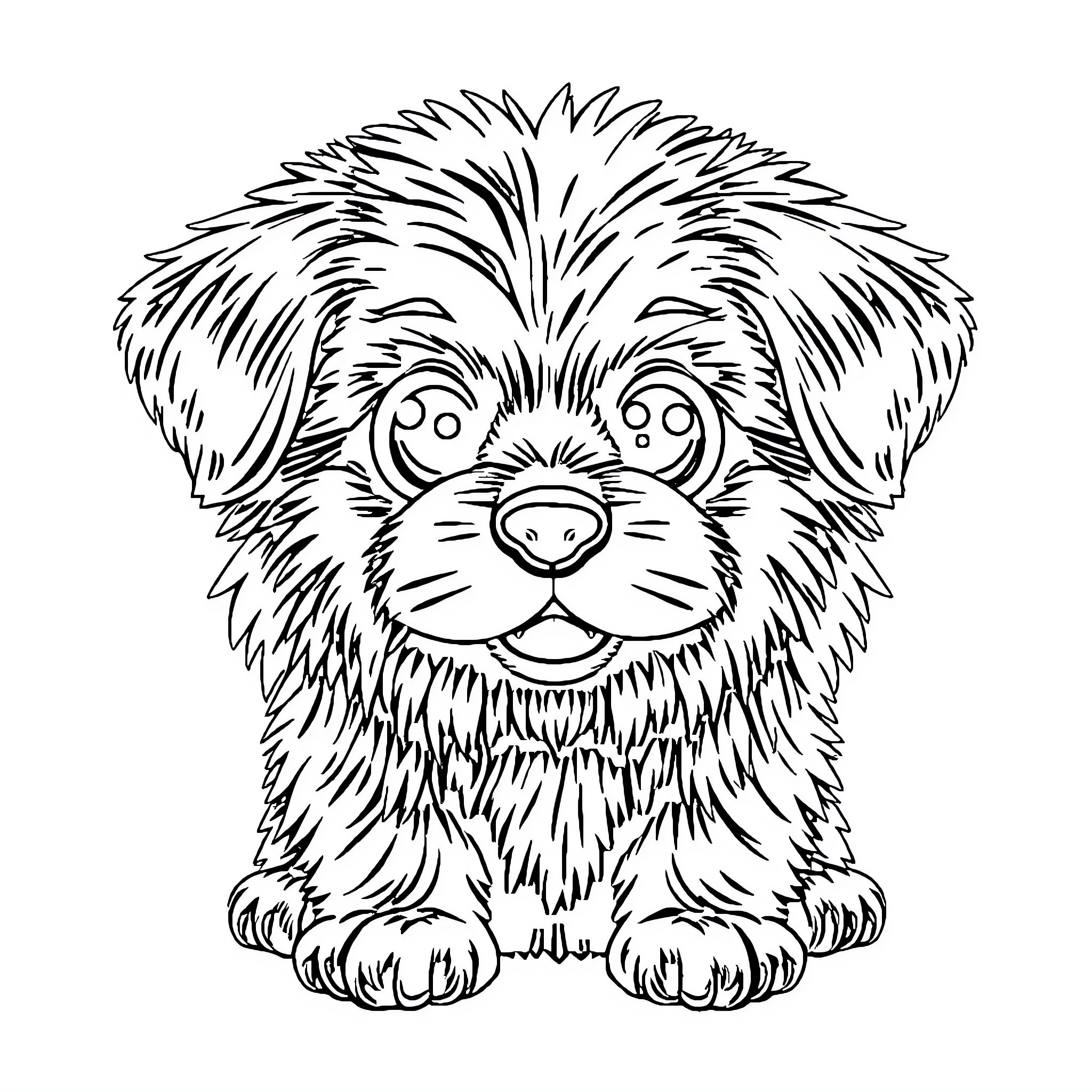 Dog with Fluffy Fur and Playful Expression Coloring Page (free black-and-white line drawing printable PDF for all, from beginners to advanced learners, including children, teens, adults, and seniors)