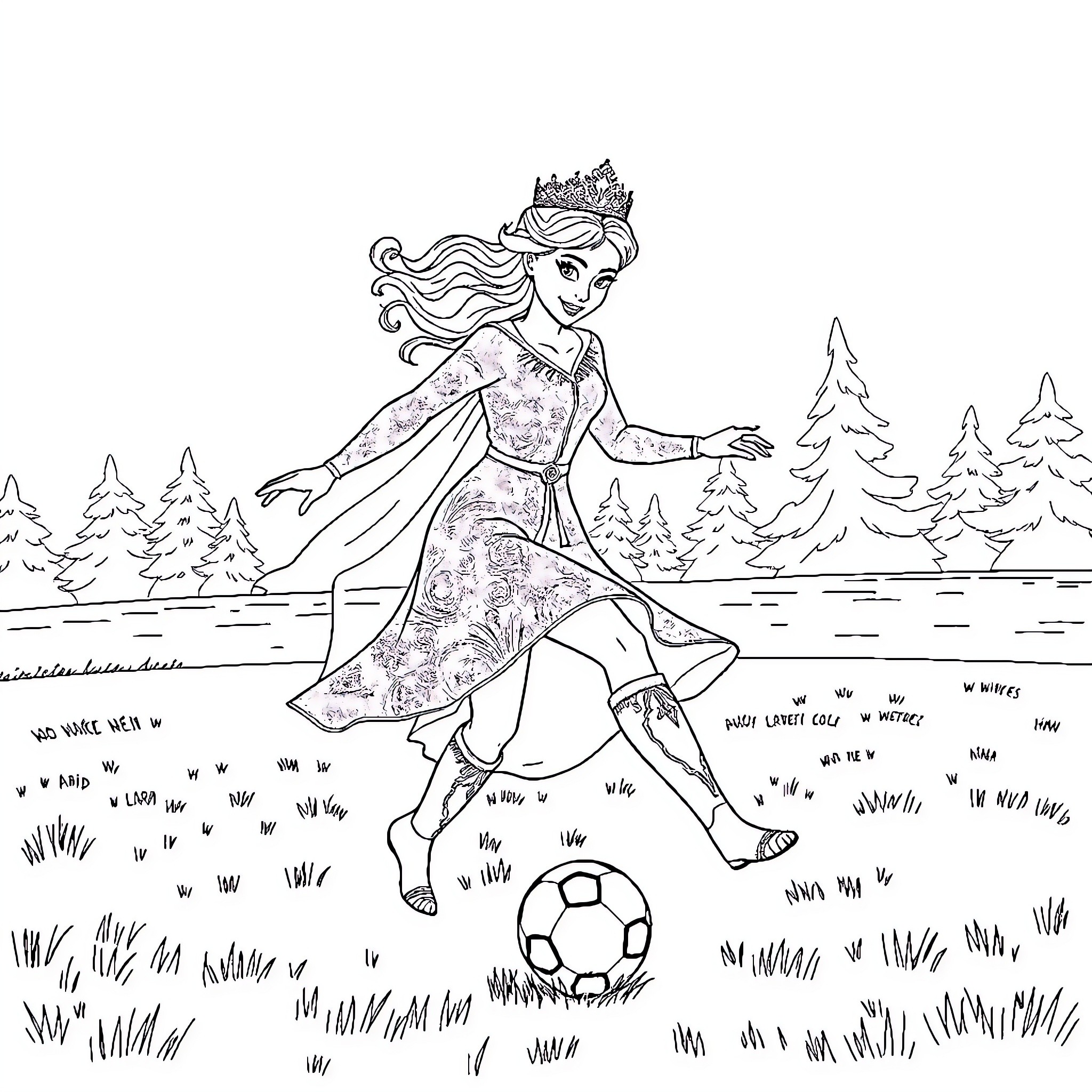 Queen playing with soccer ball in the woods Coloring Page (free black-and-white line drawing printable PDF for all, from beginners to advanced learners, including children, teens, adults, and seniors)