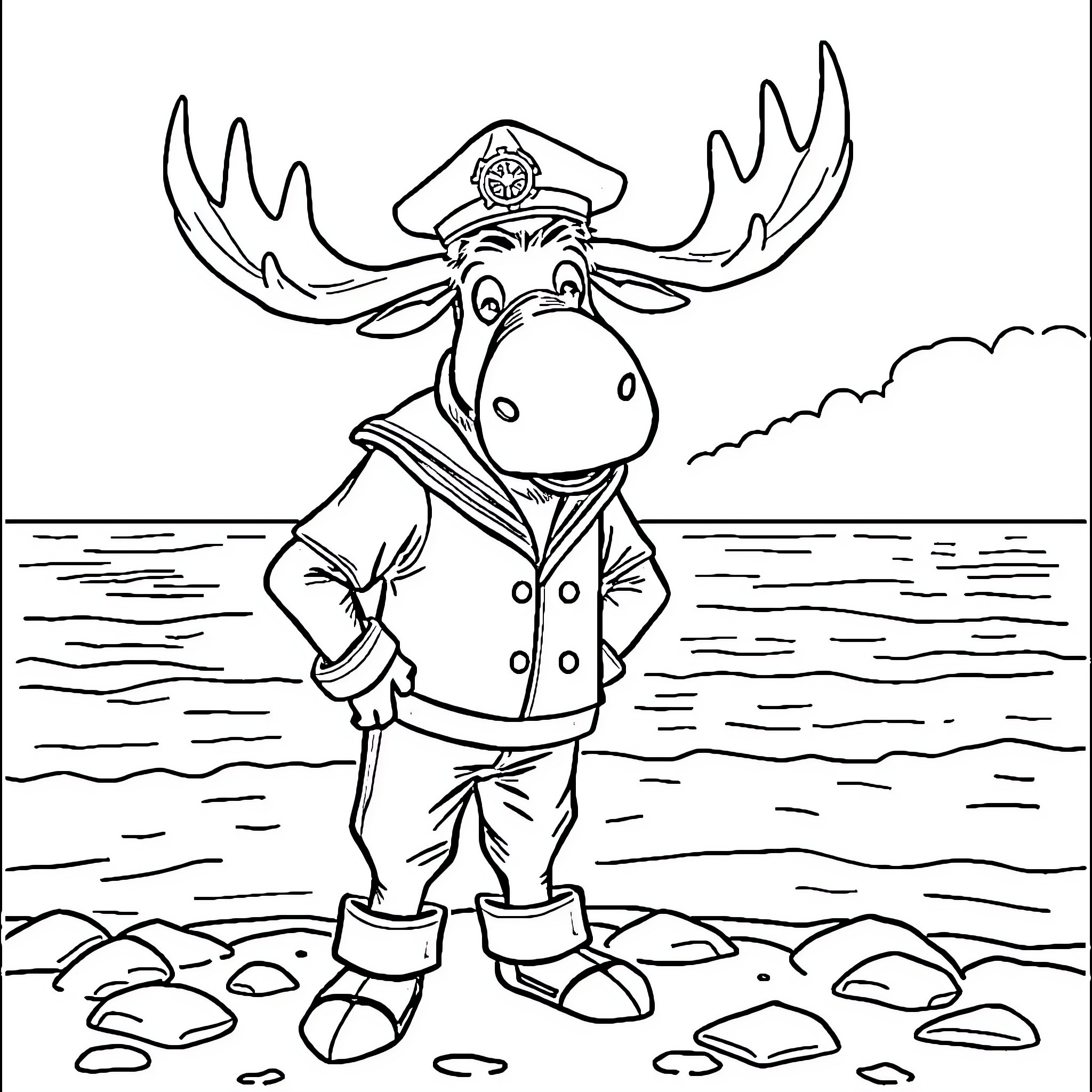 Mariner Moose in Uniform on the Beach Coloring Page (free black-and-white line drawing printable PDF for all, from beginners to advanced learners, including children, teens, adults, and seniors)
