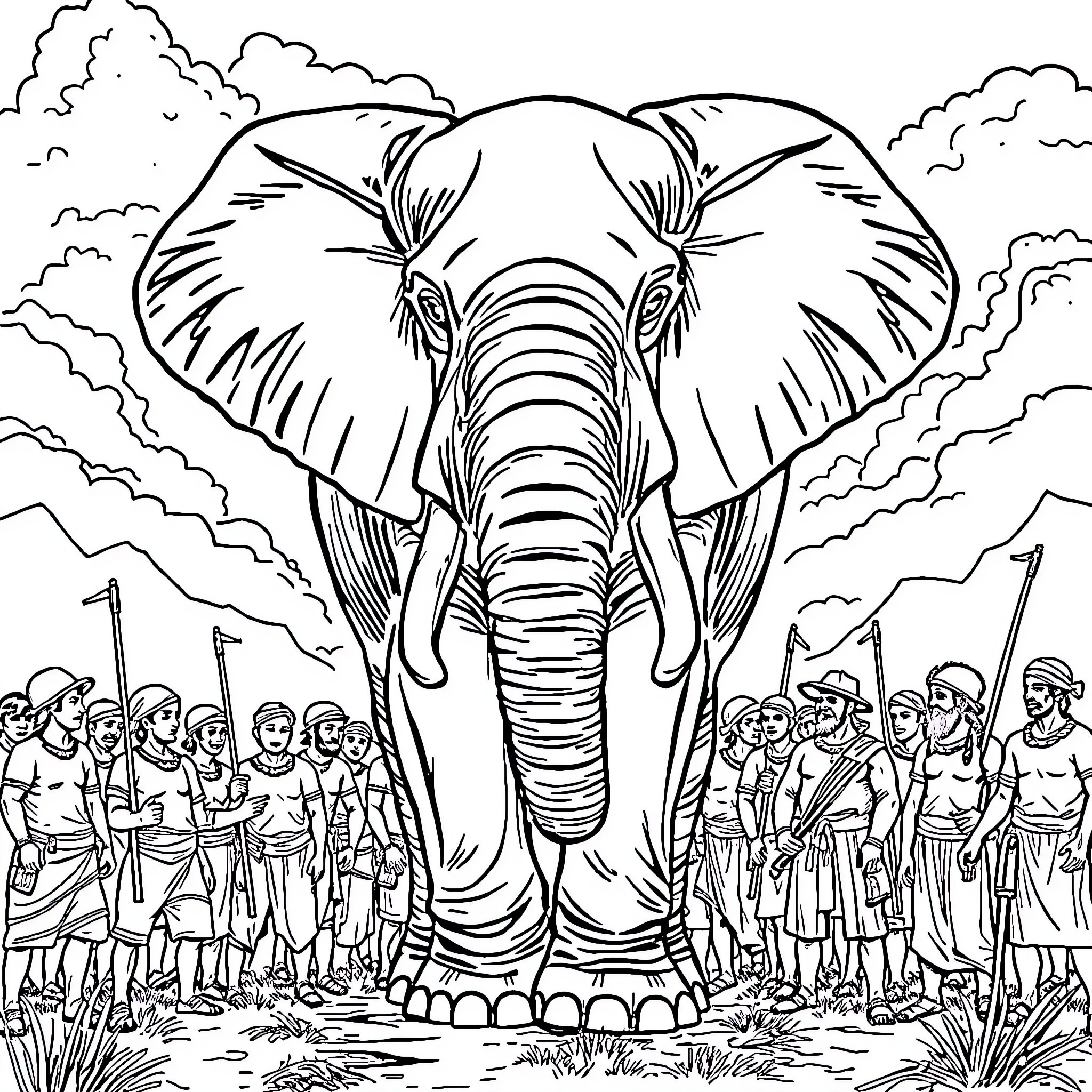 Elephant standing majestically among a crowd Coloring Page (free black-and-white line drawing printable PDF for all, from beginners to advanced learners, including children, teens, adults, and seniors)