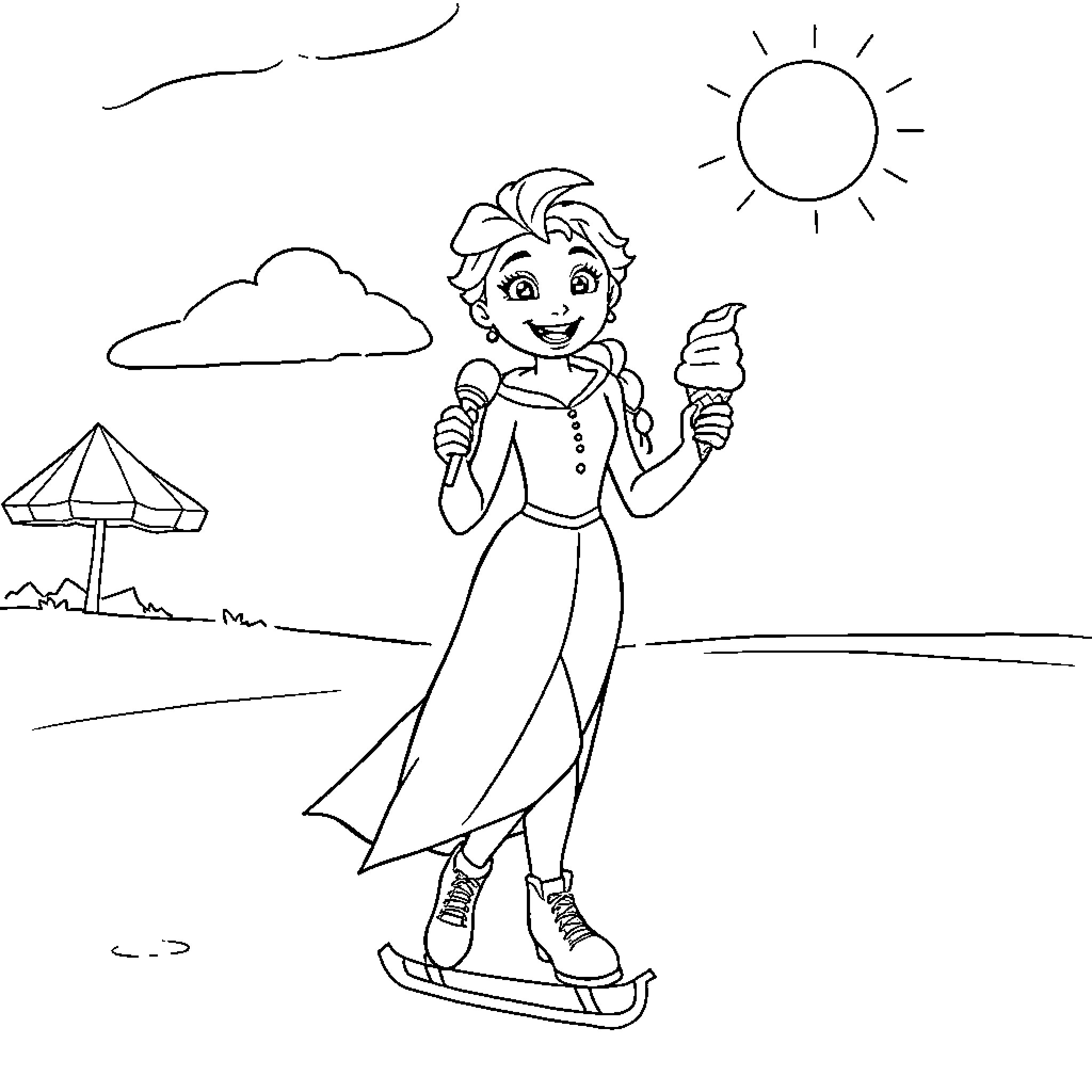 Elsa enjoying outdoor adventures on a snowy day Coloring Page (free black-and-white line drawing printable PDF for all, from beginners to advanced learners, including children, teens, adults, and seniors)
