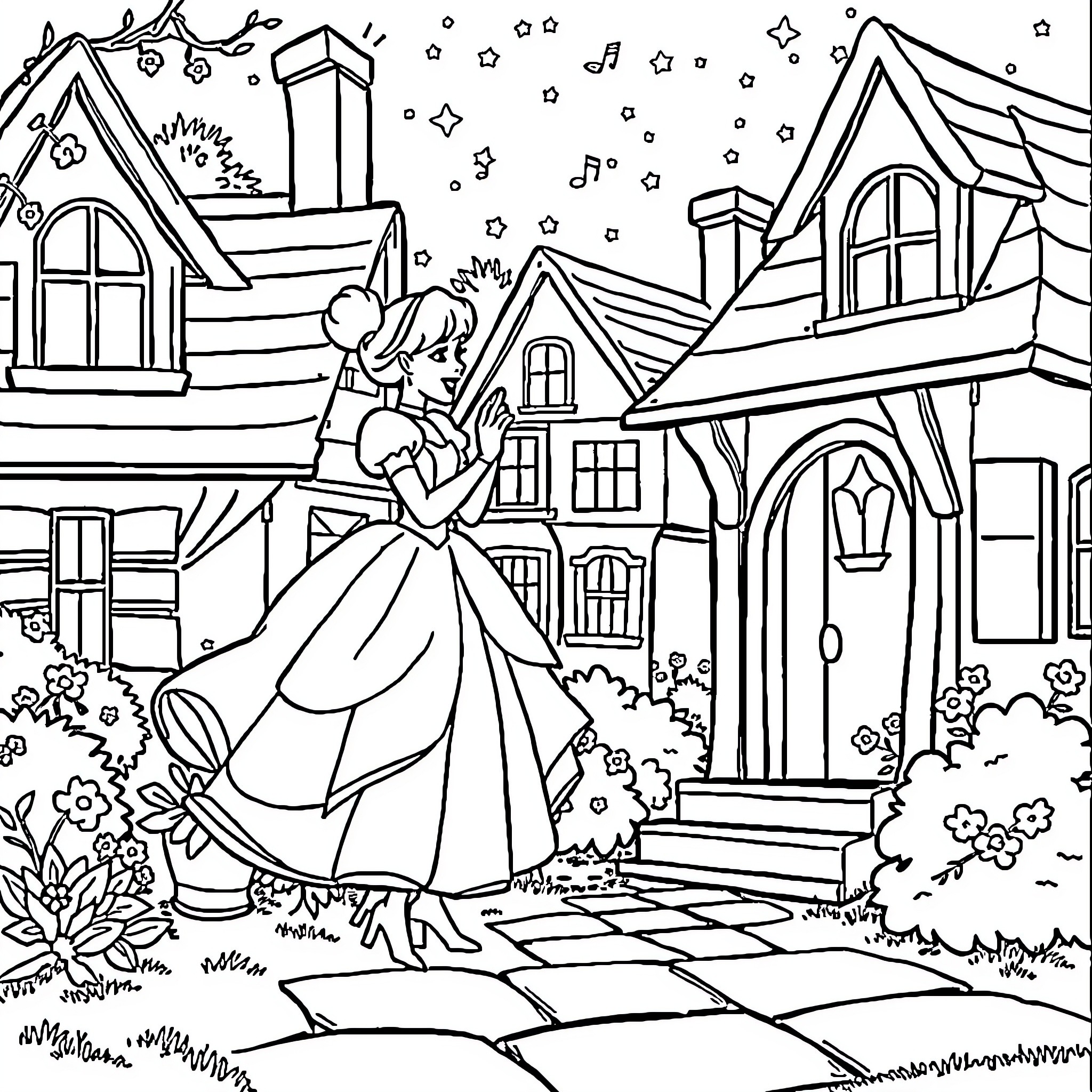 Cinderella's magical evening in the enchanted town Coloring Page (free black-and-white line drawing printable PDF for all, from beginners to advanced learners, including children, teens, adults, and seniors)