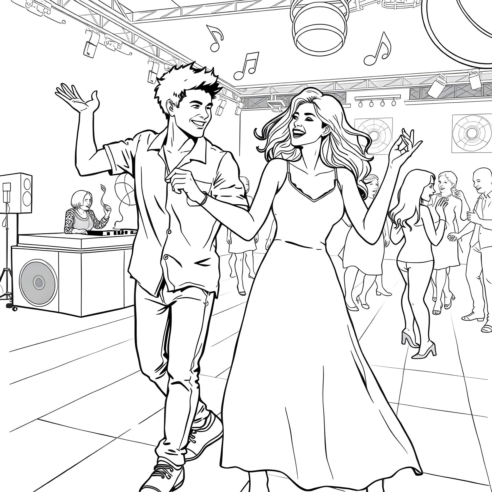 Dance at the music festival Coloring Page (free black-and-white line drawing printable PDF for all, from beginners to advanced learners, including children, teens, adults, and seniors)
