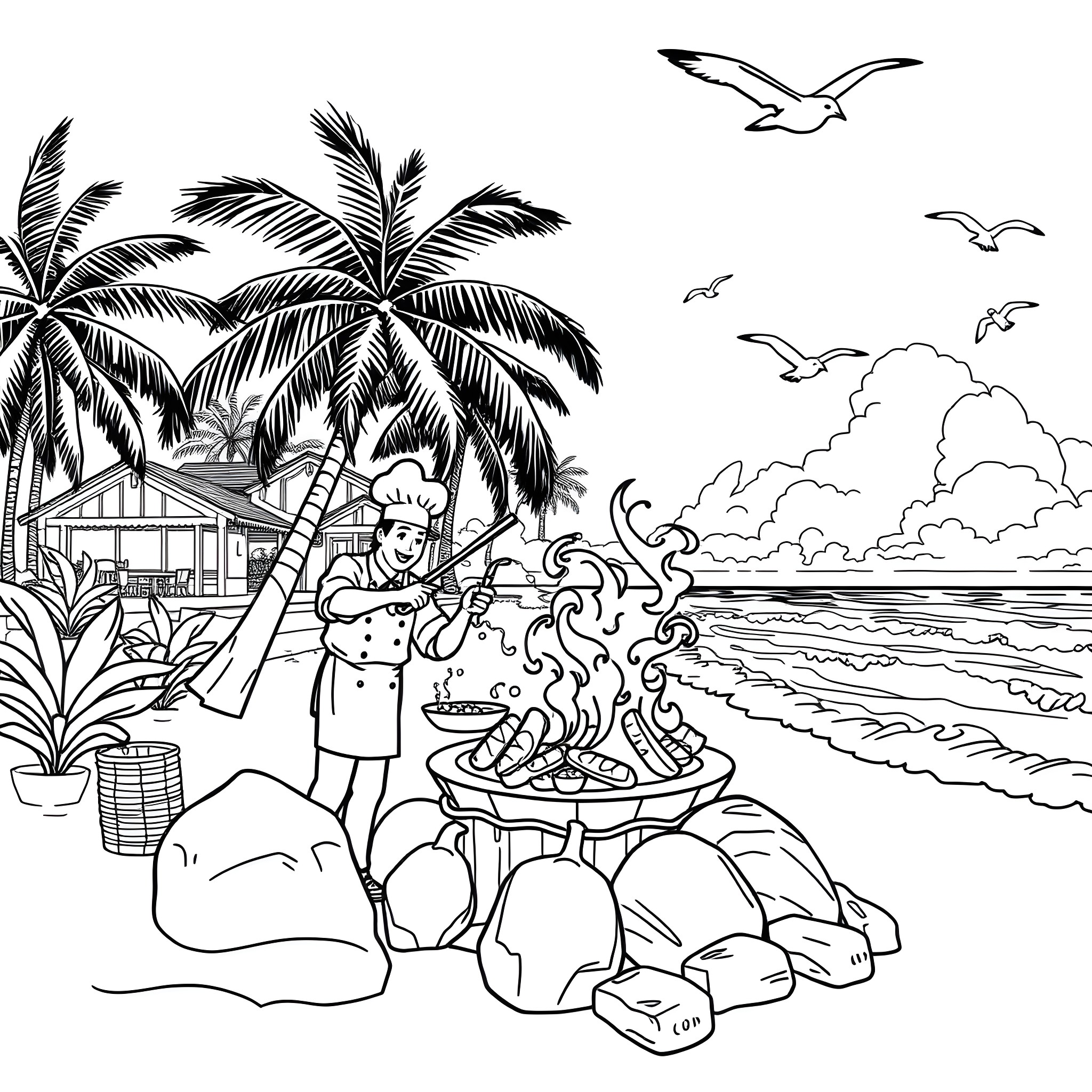 Cooking on the tropical beach with palm trees Coloring Page (free black-and-white line drawing printable PDF for all, from beginners to advanced learners, including children, teens, adults, and seniors)