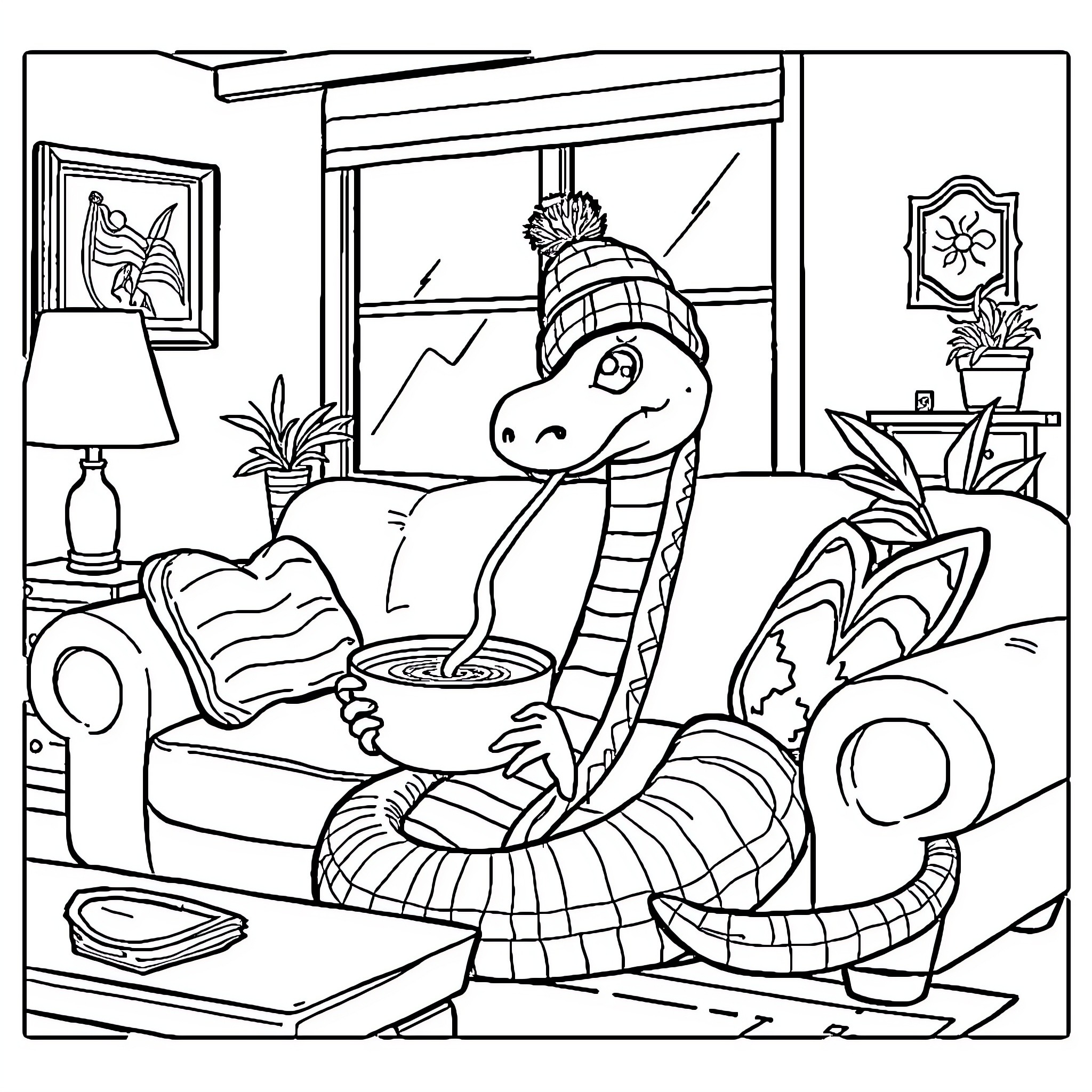 Snake enjoying a cozy winter day indoors Coloring Page (free black-and-white line drawing printable PDF for all, from beginners to advanced learners, including children, teens, adults, and seniors)