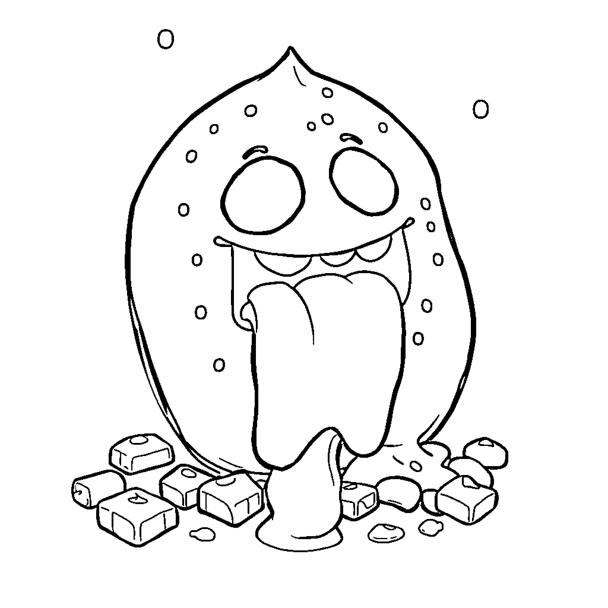 Slime monster playing with building blocks Coloring Page (free black-and-white line drawing printable PDF for all, from beginners to advanced learners, including children, teens, adults, and seniors)
