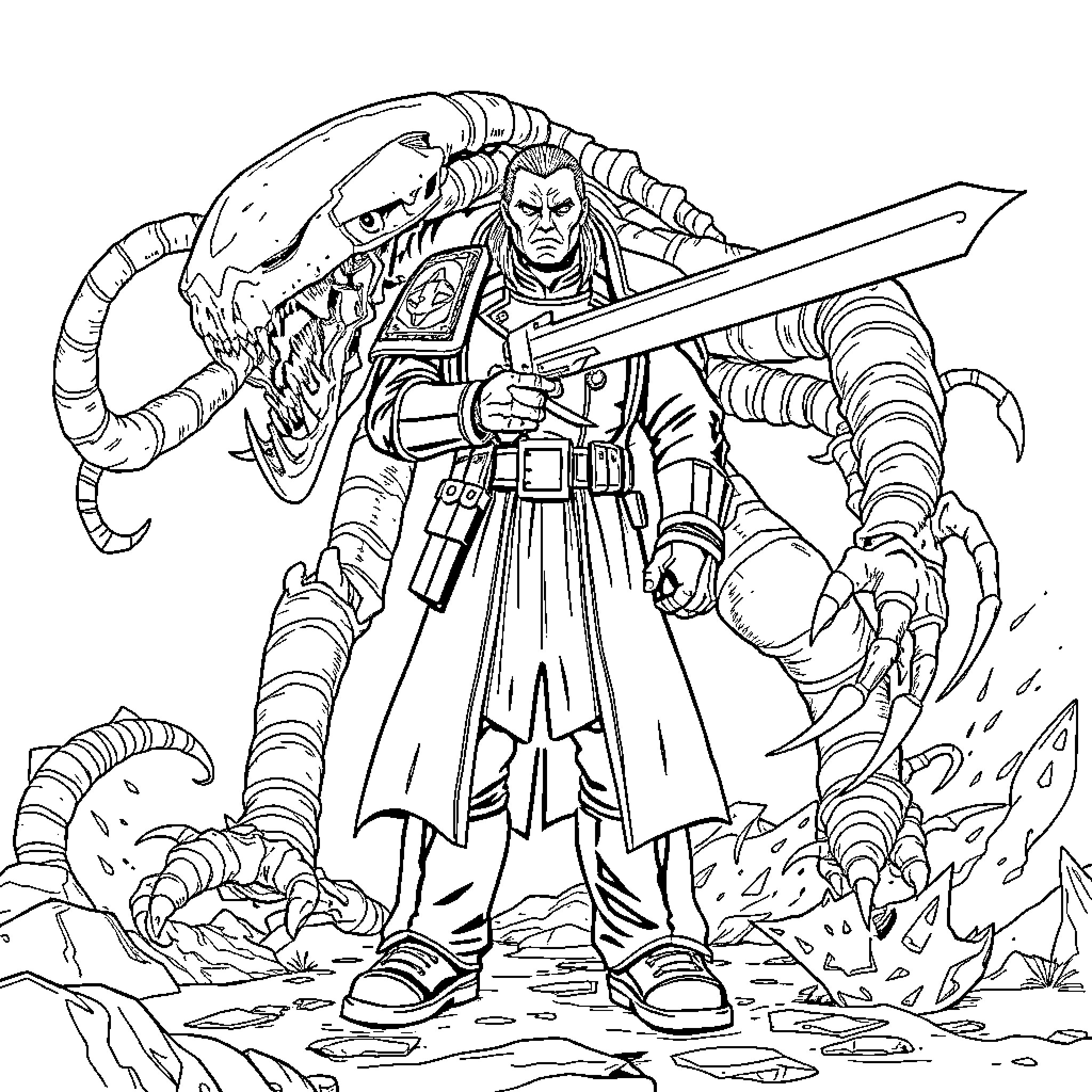 Commissar Confronting Monstrous Foe on Ruined Battlefield Coloring Page (free black-and-white line drawing printable PDF for all, from beginners to advanced learners, including children, teens, adults, and seniors)