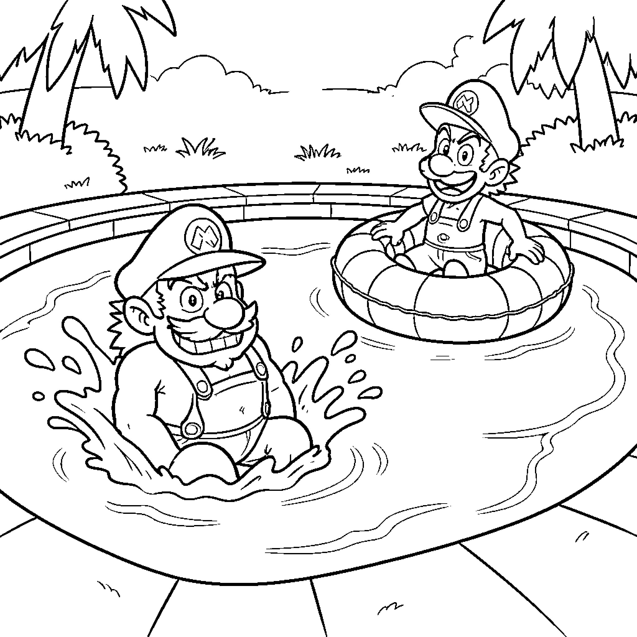 Wario and Waluigi Enjoying a Playful Swim Coloring Page (free black-and-white line drawing printable PDF for all, from beginners to advanced learners, including children, teens, adults, and seniors)