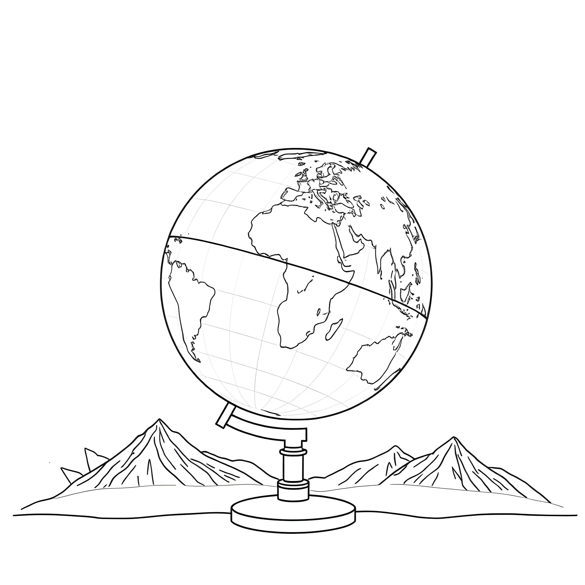 Globe on display with mountain background Coloring Page (free black-and-white line drawing printable PDF for all, from beginners to advanced learners, including children, teens, adults, and seniors)