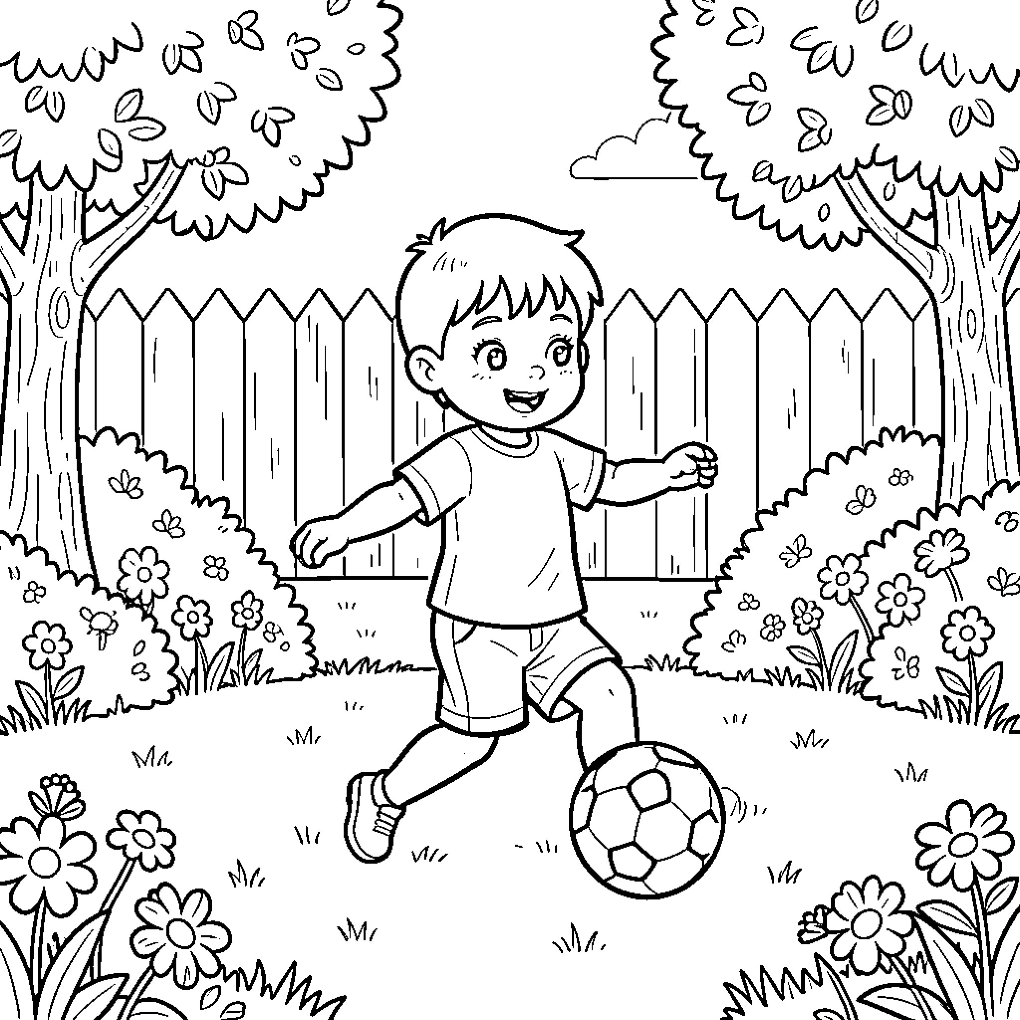 Child playing soccer in a backyard garden Coloring Page (free black-and-white line drawing printable PDF for all, from beginners to advanced learners, including children, teens, adults, and seniors)