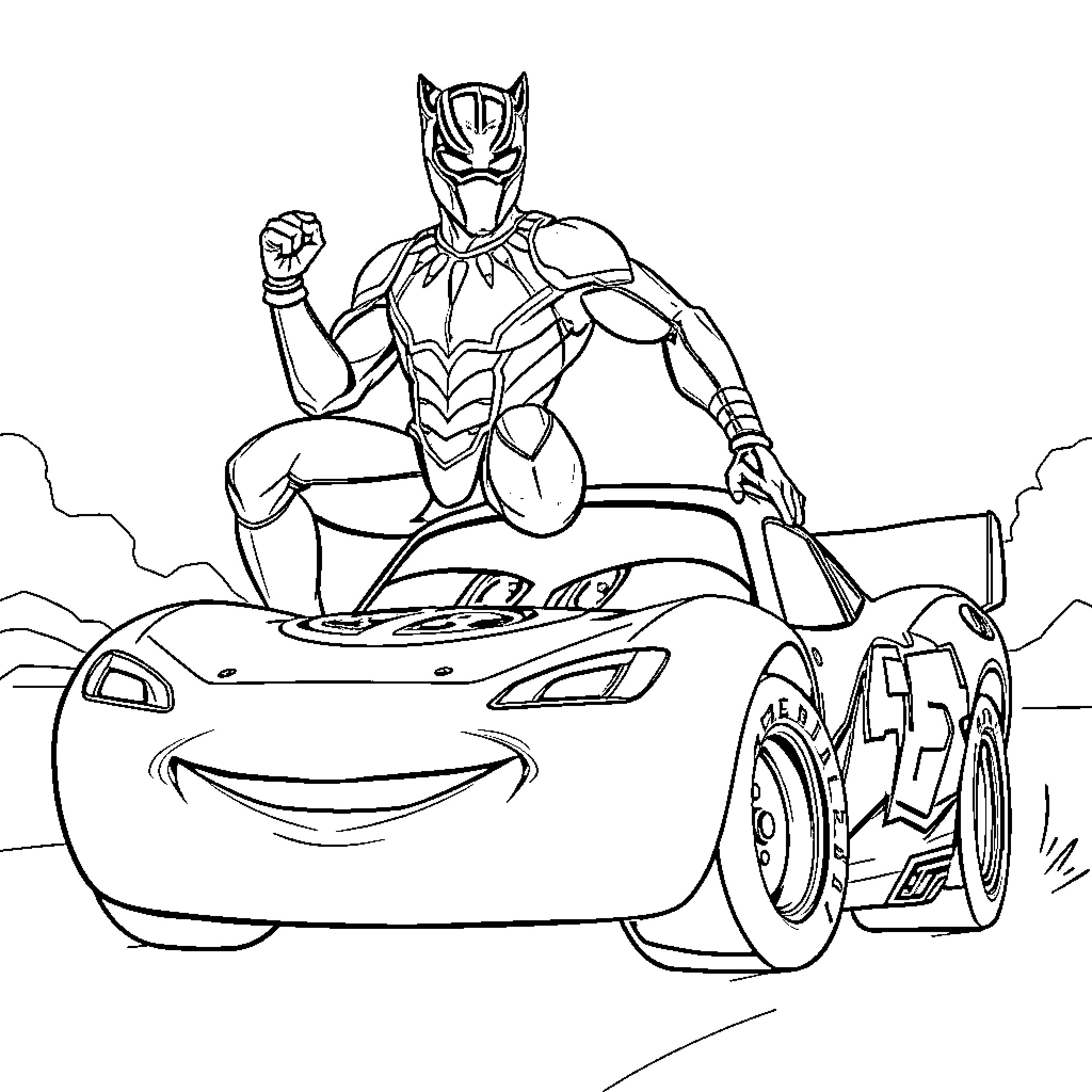 Panther superhero racing supernaturally fast car Coloring Page (free black-and-white line drawing printable PDF for all, from beginners to advanced learners, including children, teens, adults, and seniors)