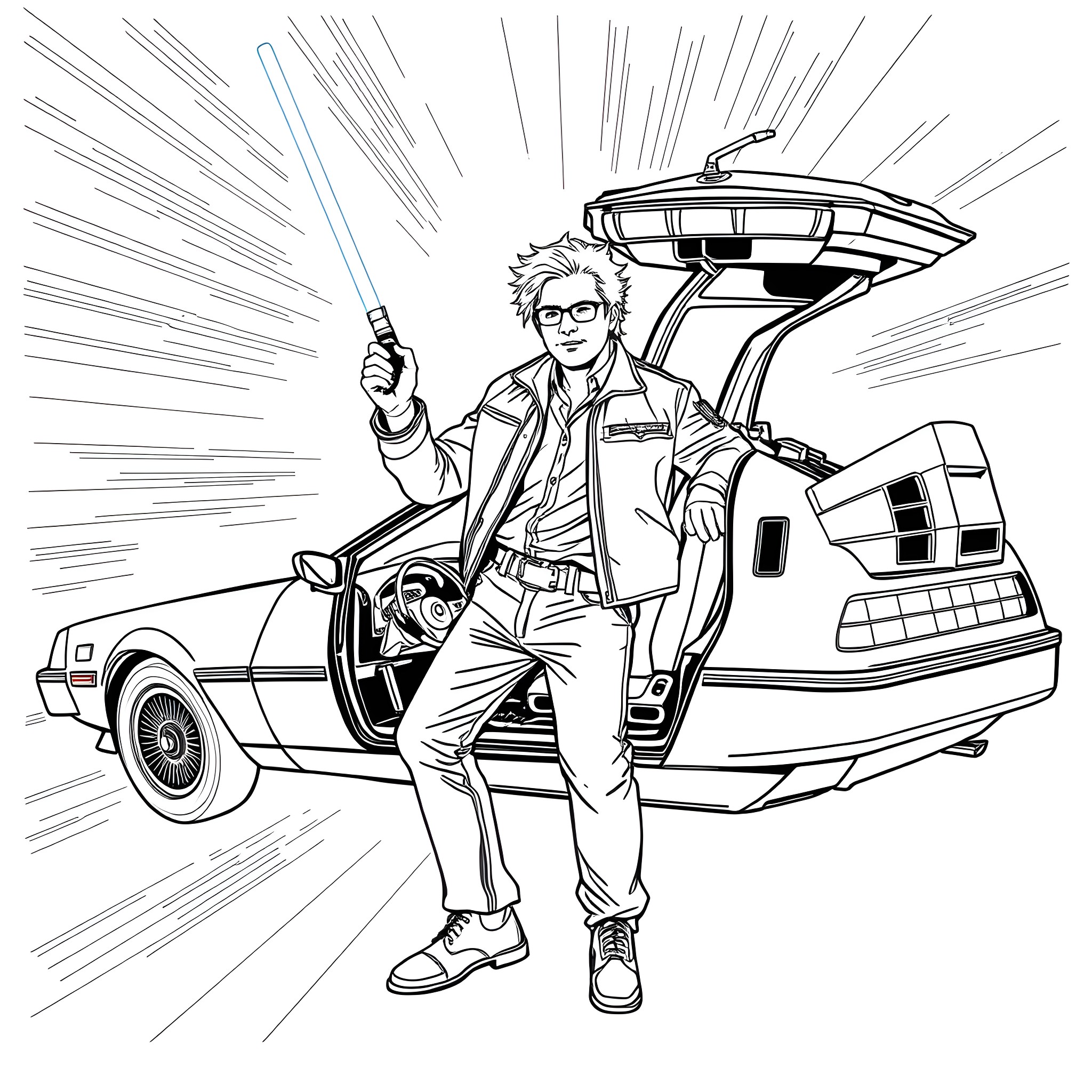 Marty McFly traveling through time in a DeLorean Coloring Page (free black-and-white line drawing printable PDF for all, from beginners to advanced learners, including children, teens, adults, and seniors)