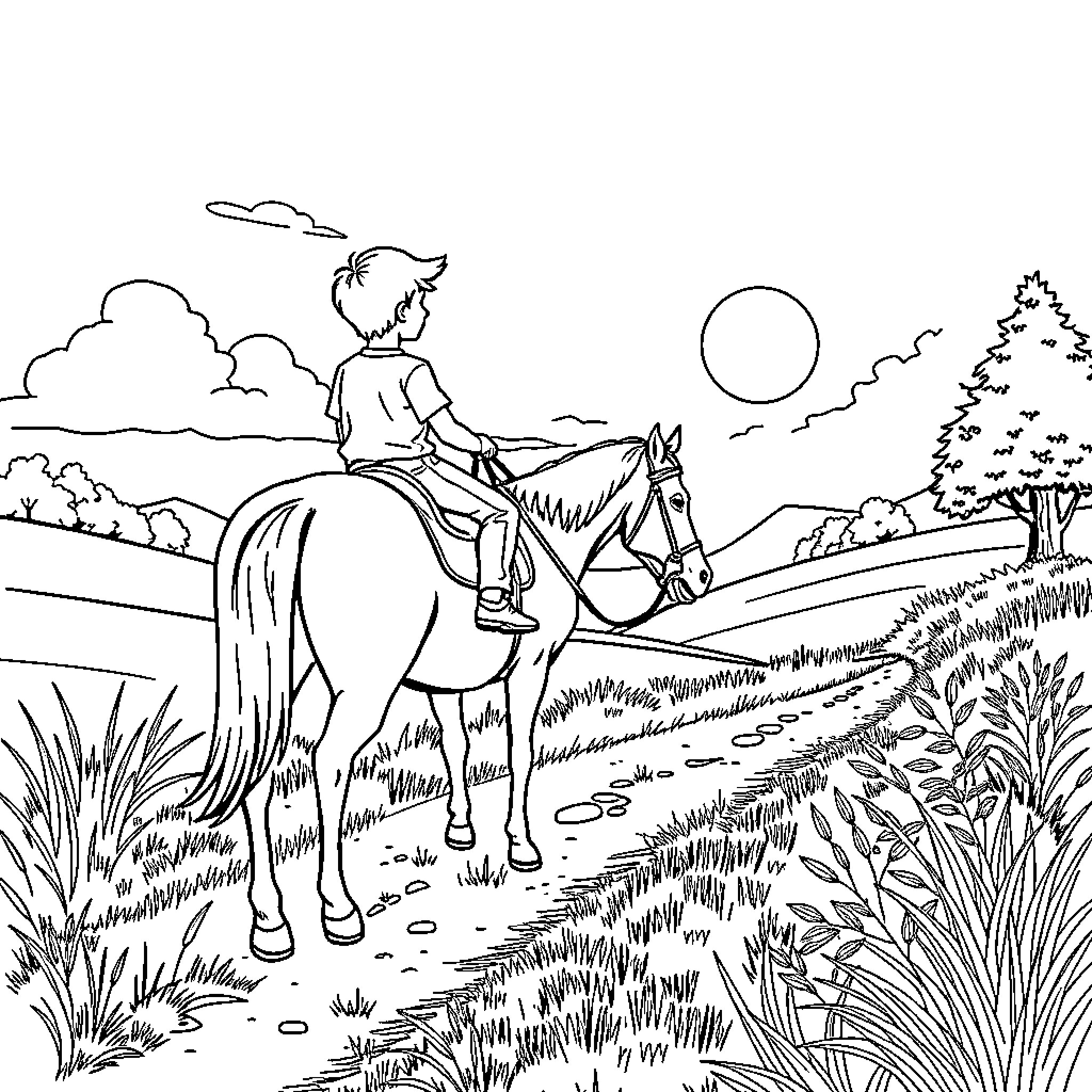Boy riding horse on a countryside trail Coloring Page (free black-and-white line drawing printable PDF for all, from beginners to advanced learners, including children, teens, adults, and seniors)