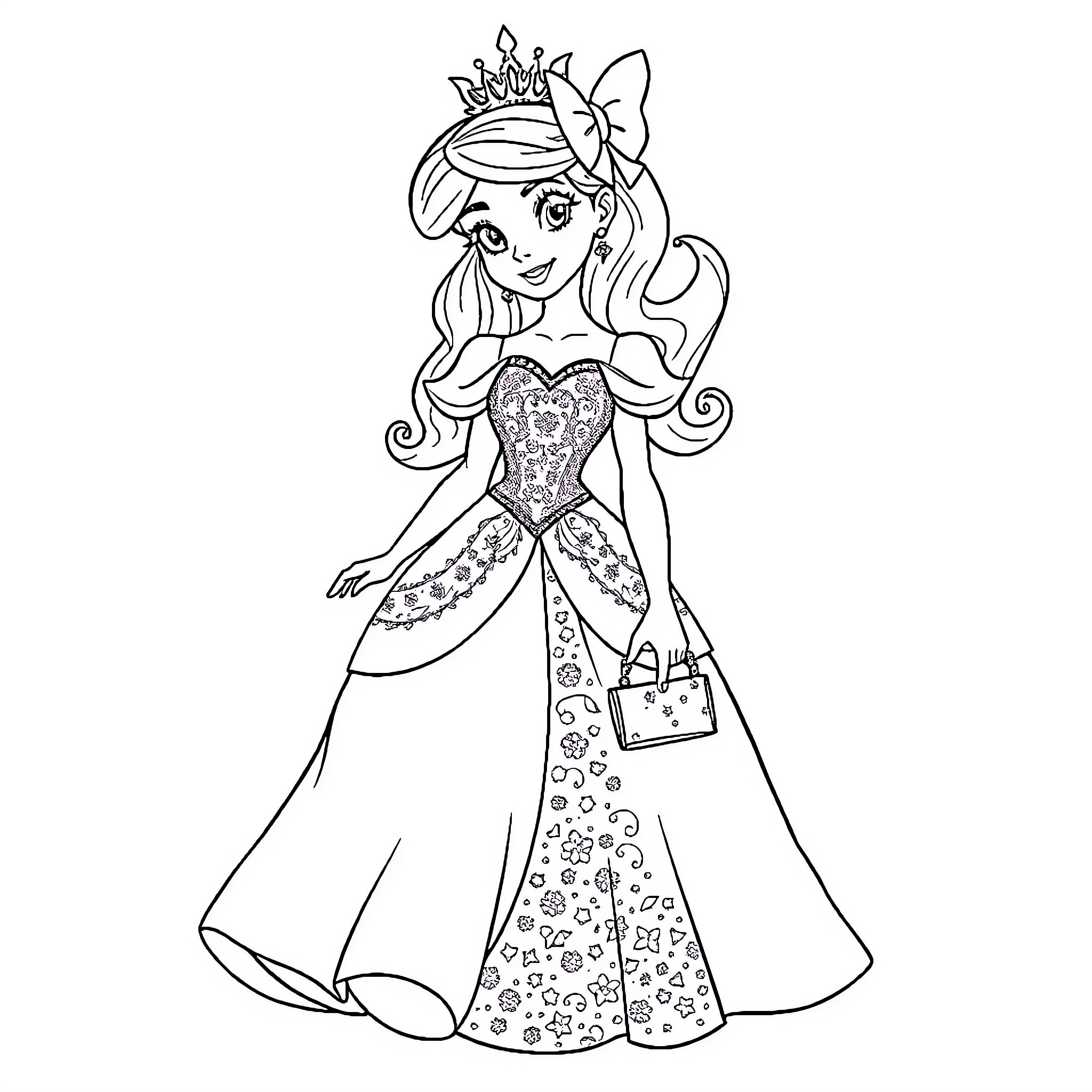 Princess in elegant gown with crown and purse Coloring Page (free black-and-white line drawing printable PDF for all, from beginners to advanced learners, including children, teens, adults, and seniors)