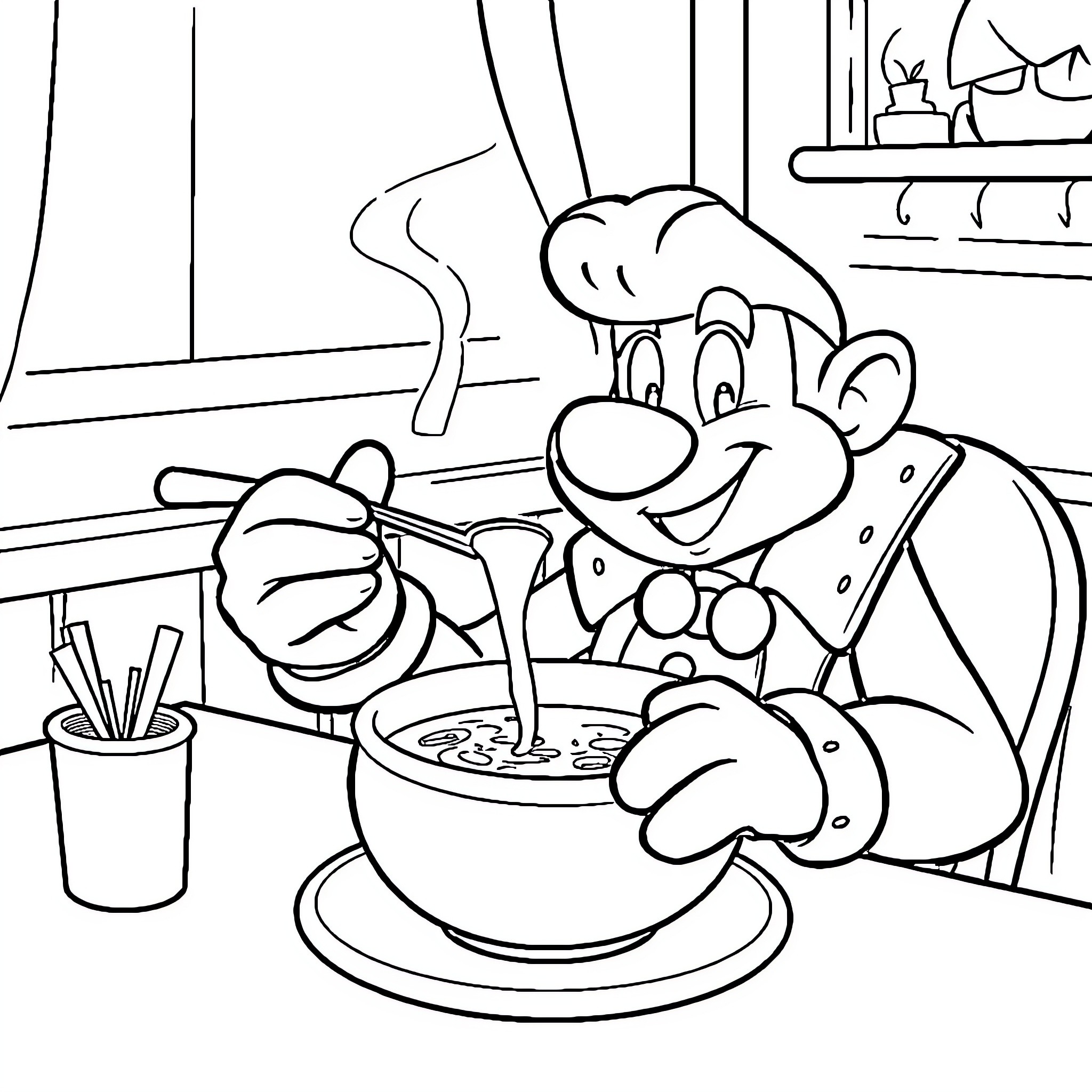 Duke Cooking Meal in Kitchen Coloring Page (free black-and-white line drawing printable PDF for all, from beginners to advanced learners, including children, teens, adults, and seniors)