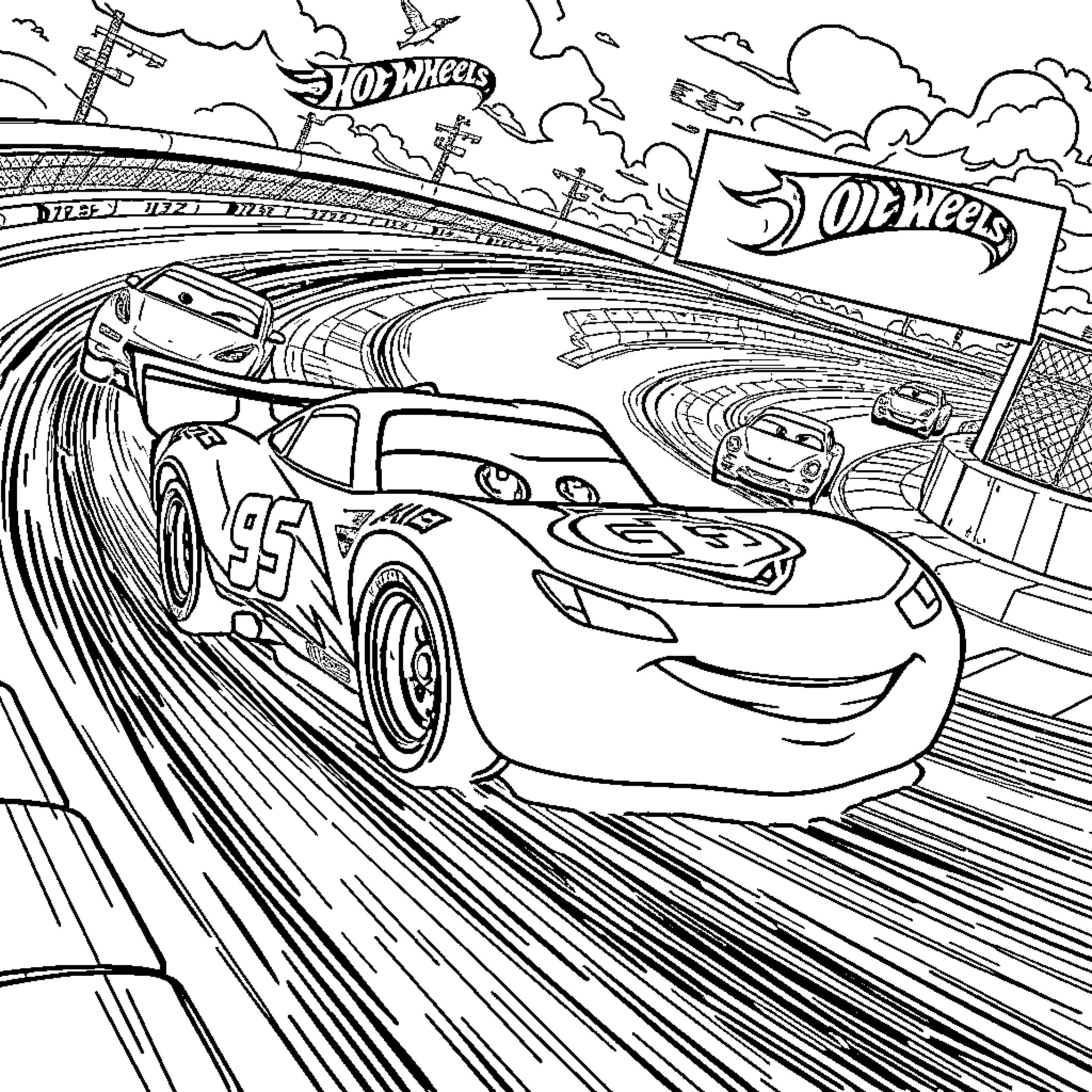 Lightning McQueen racing on Hot Wheels track Coloring Page (free black-and-white line drawing printable PDF for all, from beginners to advanced learners, including children, teens, adults, and seniors)