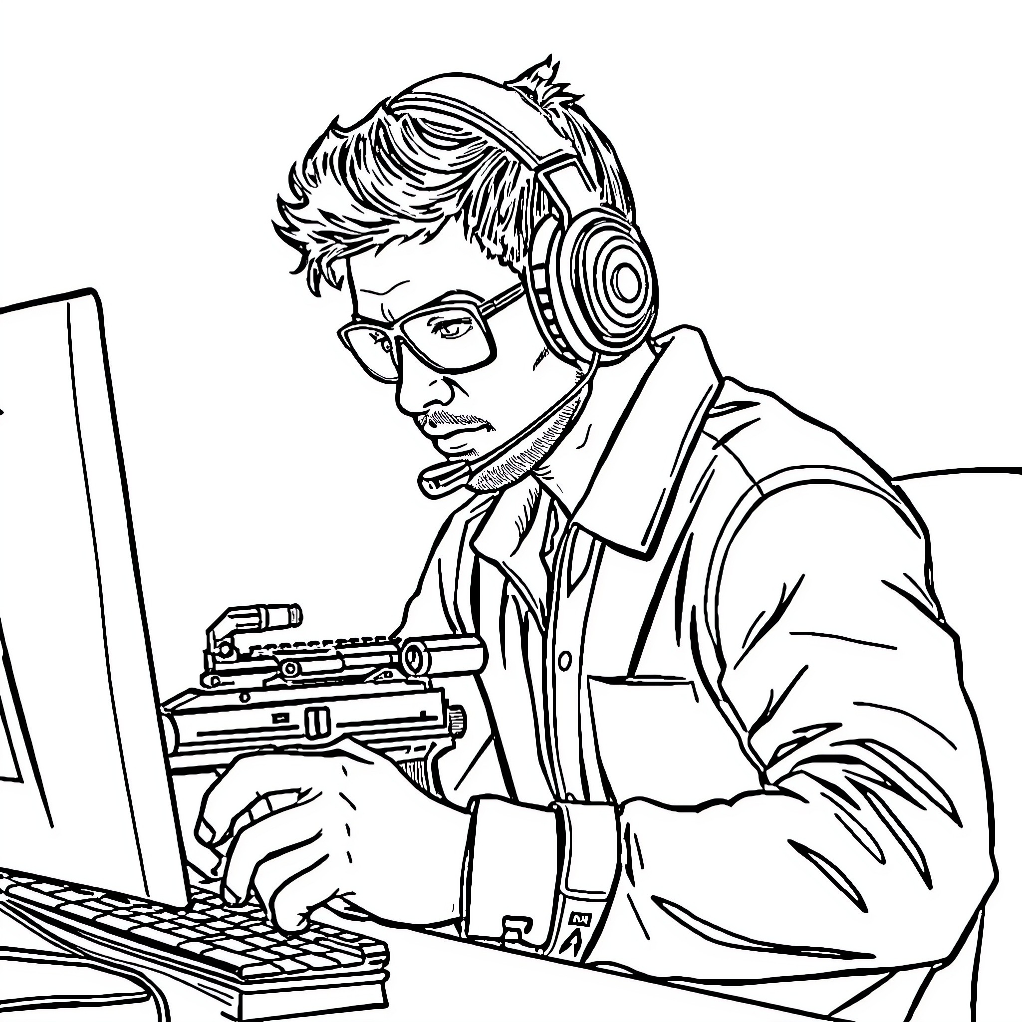 Man working intently at computer with headphones Coloring Page (free black-and-white line drawing printable PDF for all, from beginners to advanced learners, including children, teens, adults, and seniors)