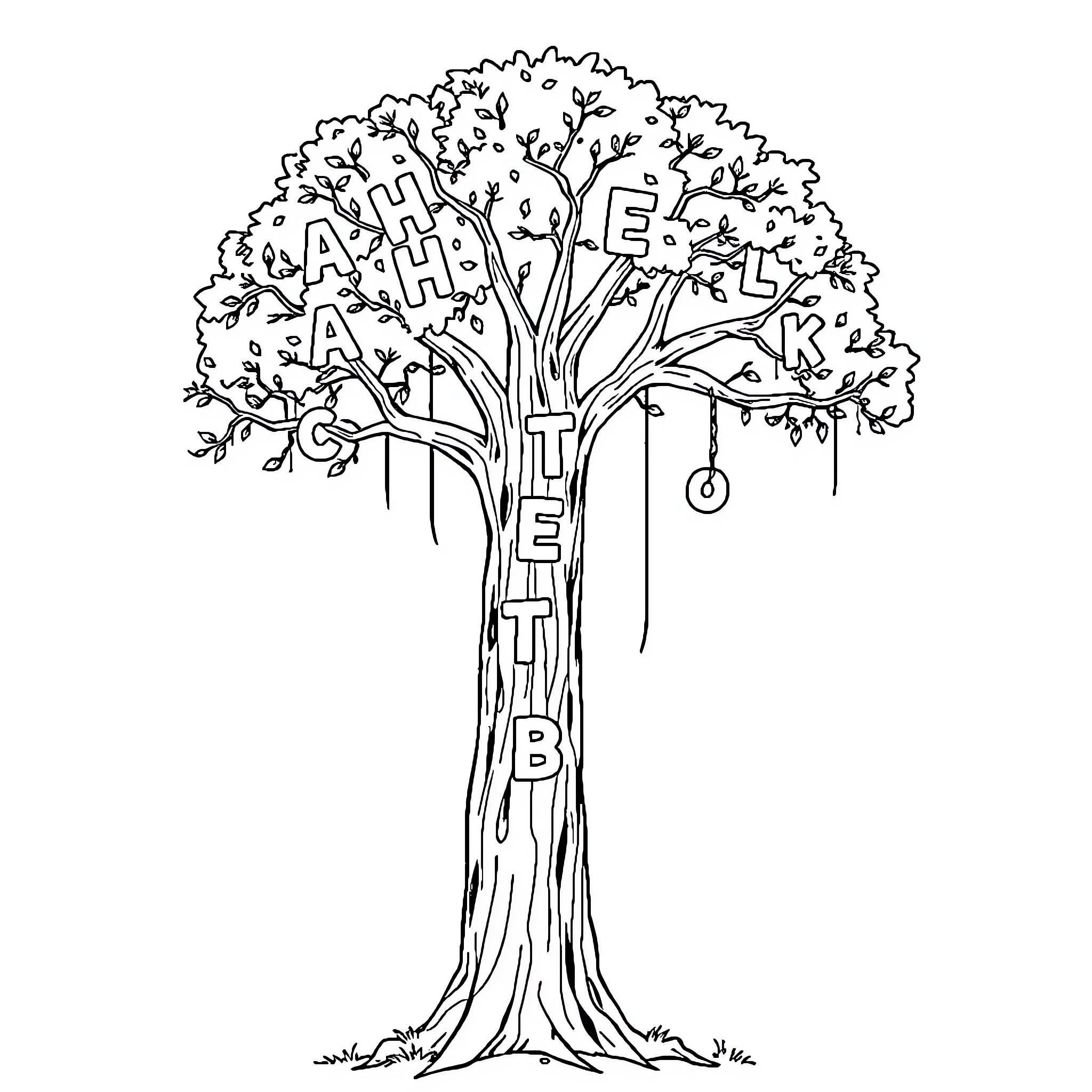 Tree with Whimsical Text and Hanging Objects Coloring Page (free black-and-white line drawing printable PDF for all, from beginners to advanced learners, including children, teens, adults, and seniors)