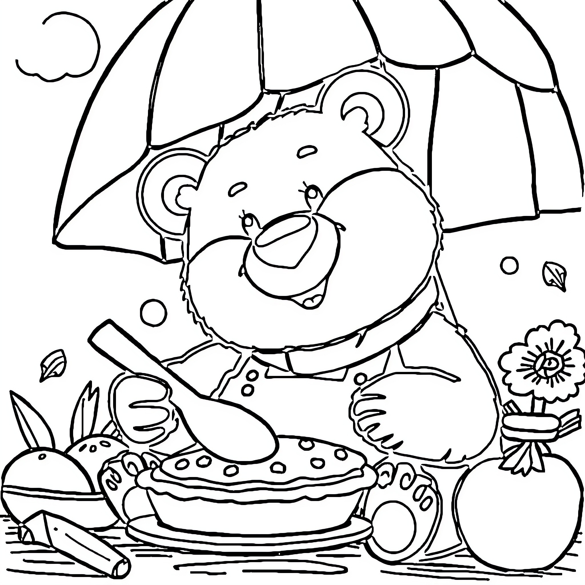 Bear enjoying a picnic under a sunny day Coloring Page (free black-and-white line drawing printable PDF for all, from beginners to advanced learners, including children, teens, adults, and seniors)