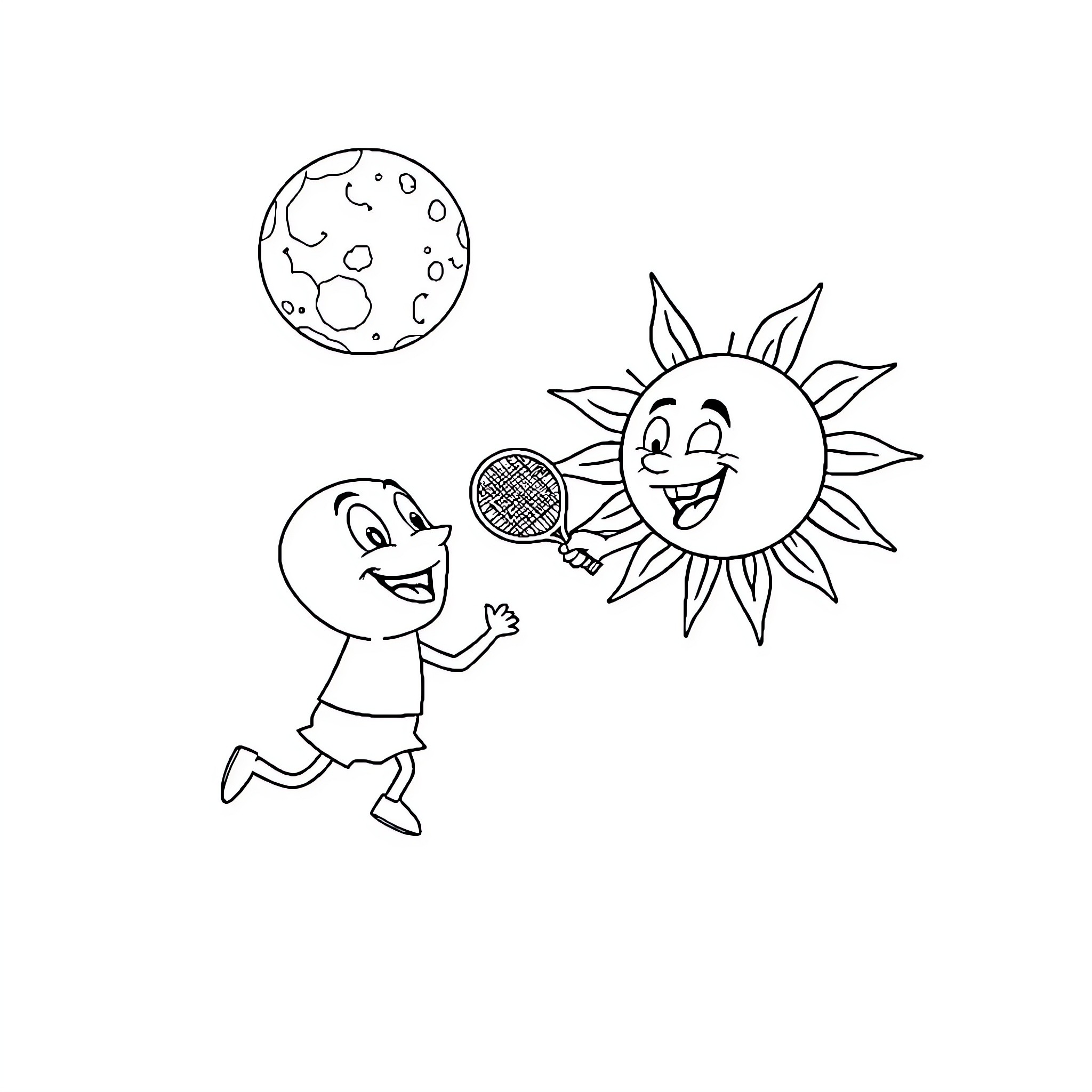 Moon and Sun playing together happily Coloring Page (free black-and-white line drawing printable PDF for all, from beginners to advanced learners, including children, teens, adults, and seniors)