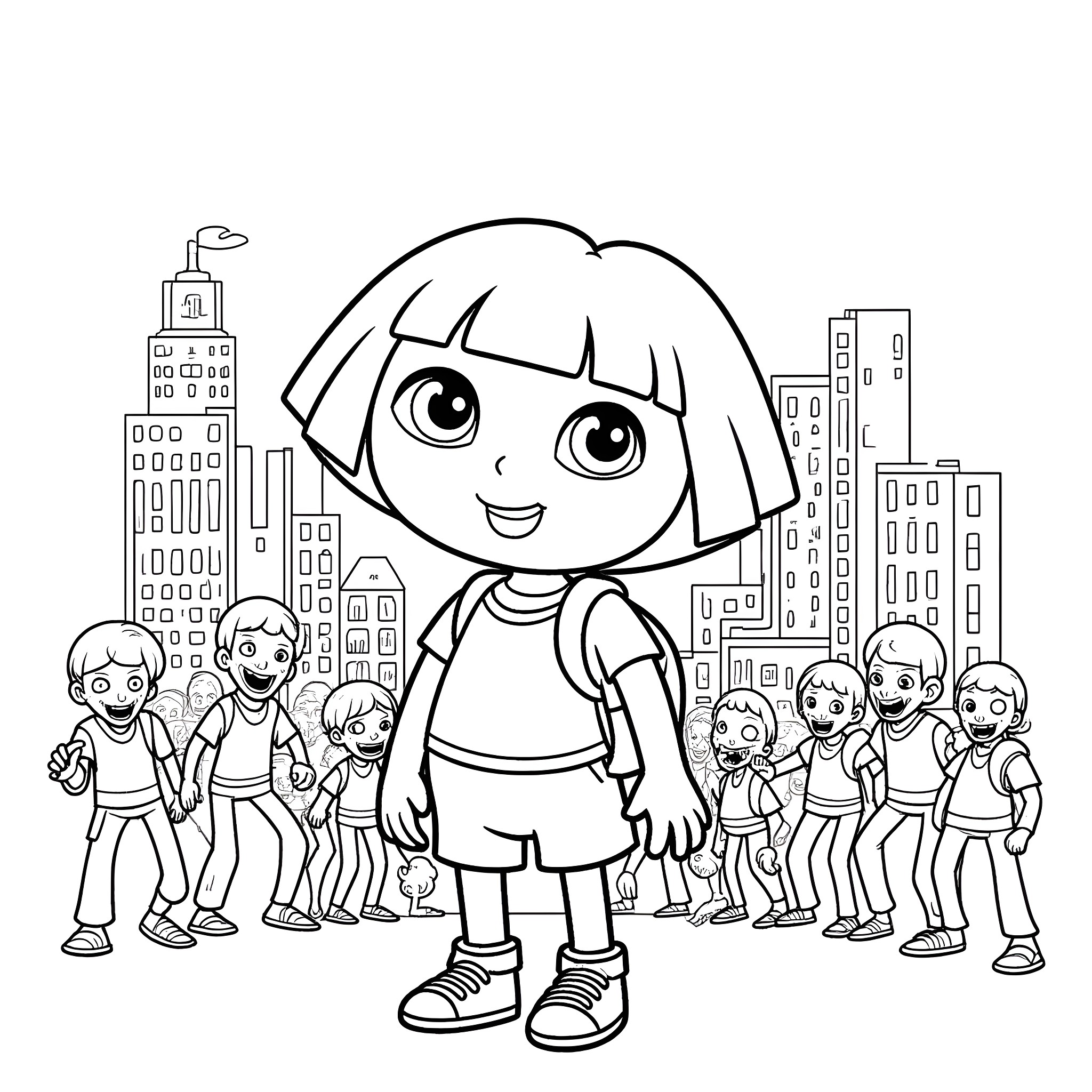Dora exploring the city with friends Coloring Page (free black-and-white line drawing printable PDF for all, from beginners to advanced learners, including children, teens, adults, and seniors)