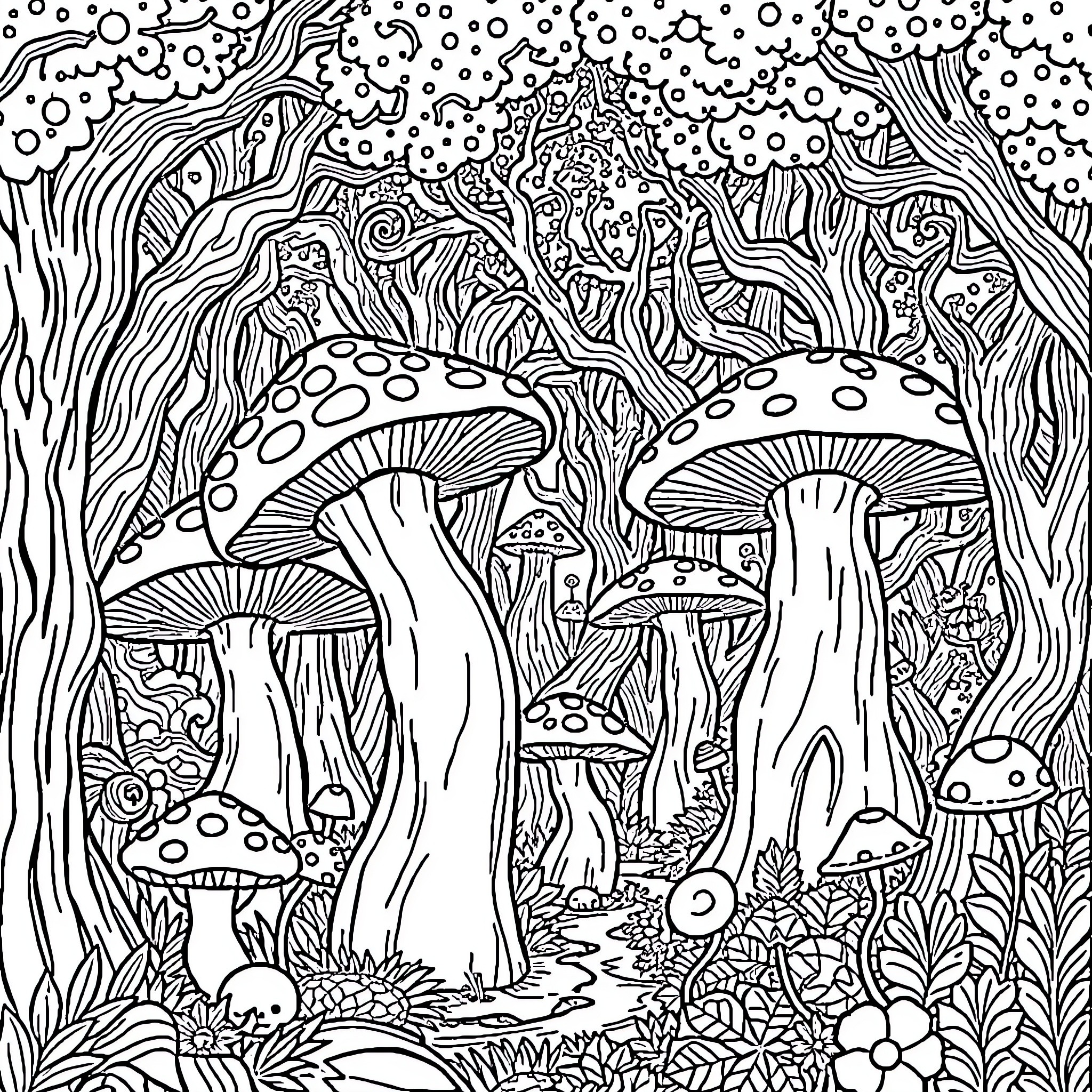 Forest Filled with Whimsical Mushrooms and Foliage Coloring Page (free black-and-white line drawing printable PDF for all, from beginners to advanced learners, including children, teens, adults, and seniors)