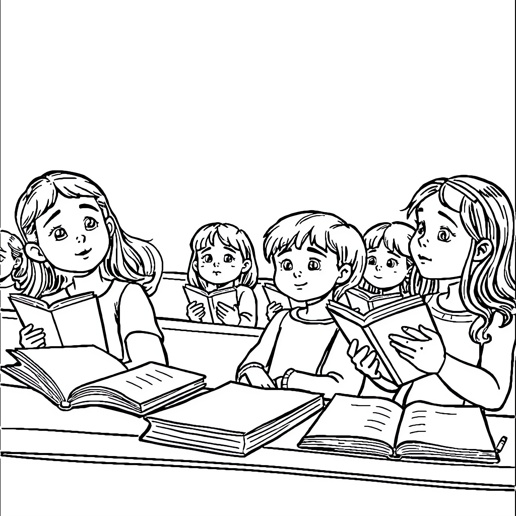 Girl students studying together in classroom Coloring Page (free black-and-white line drawing printable PDF for all, from beginners to advanced learners, including children, teens, adults, and seniors)