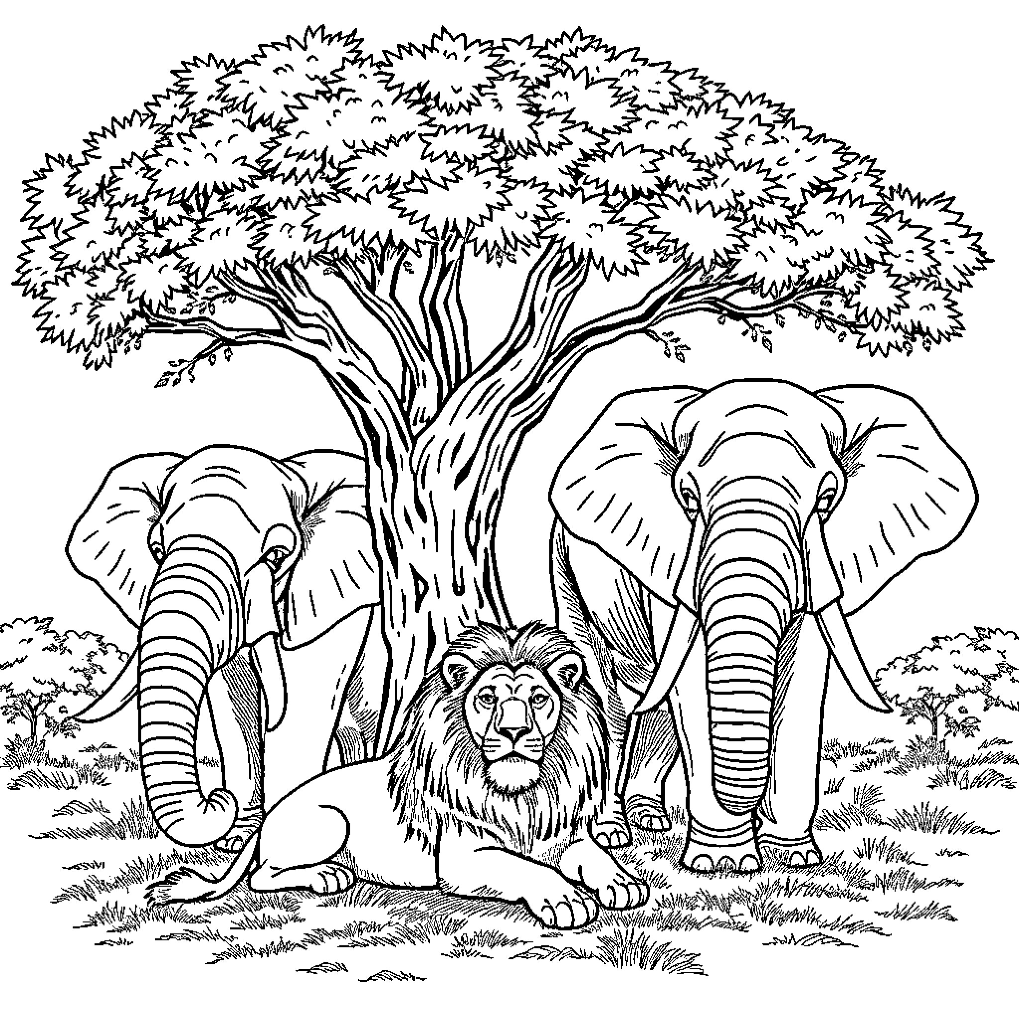 Lion resting under large tree with elephants Coloring Page (free black-and-white line drawing printable PDF for all, from beginners to advanced learners, including children, teens, adults, and seniors)