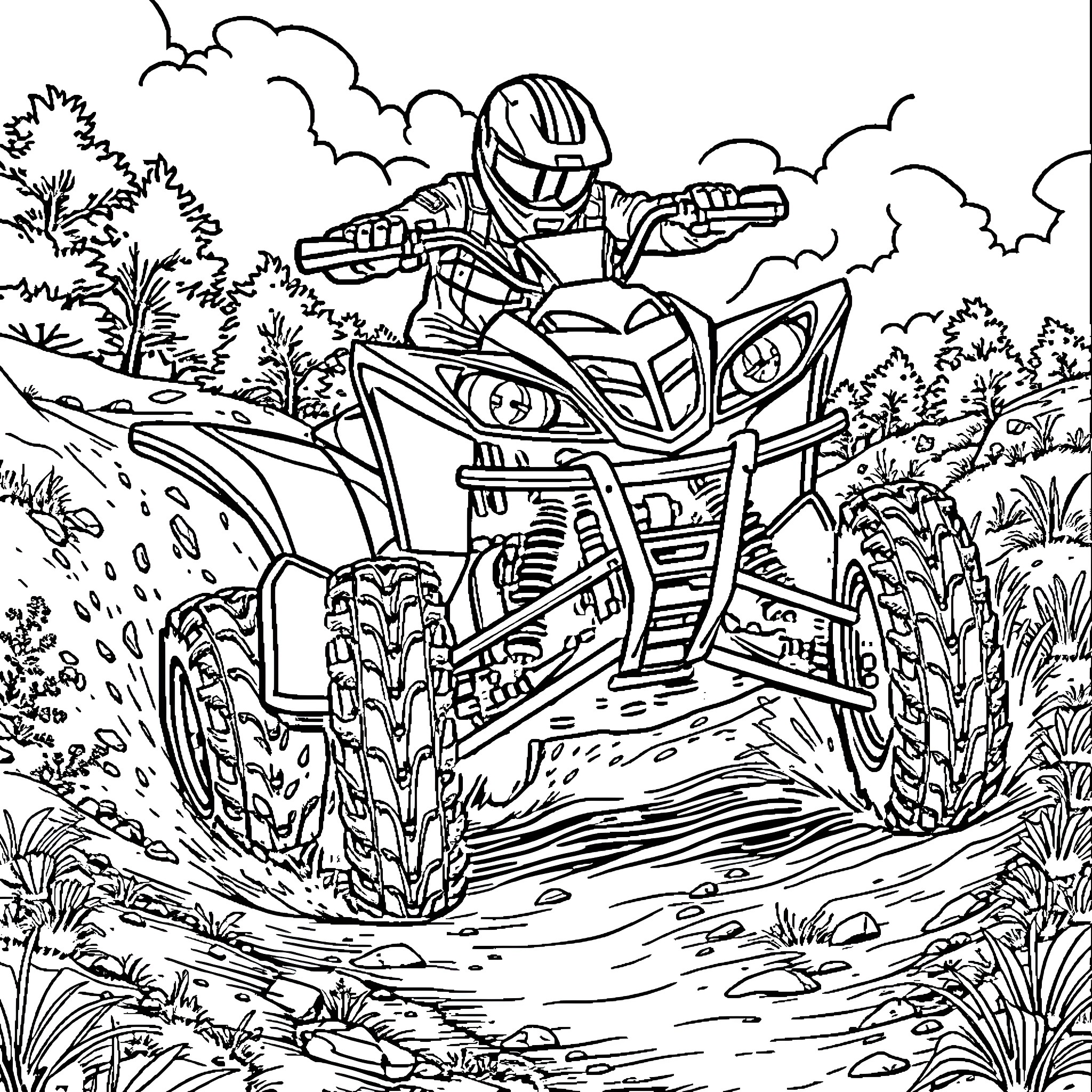Yamaha Banshee rider navigating through nature Coloring Page (free black-and-white line drawing printable PDF for all, from beginners to advanced learners, including children, teens, adults, and seniors)