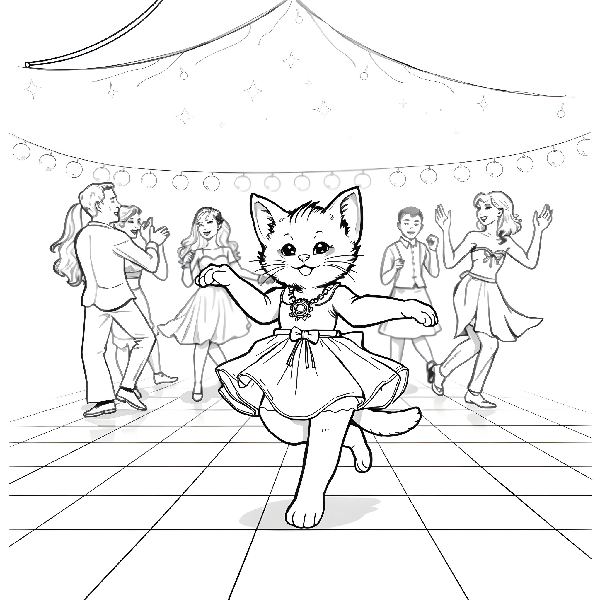Kitten dancing joyfully at a party Coloring Page (free black-and-white line drawing printable PDF for all, from beginners to advanced learners, including children, teens, adults, and seniors)