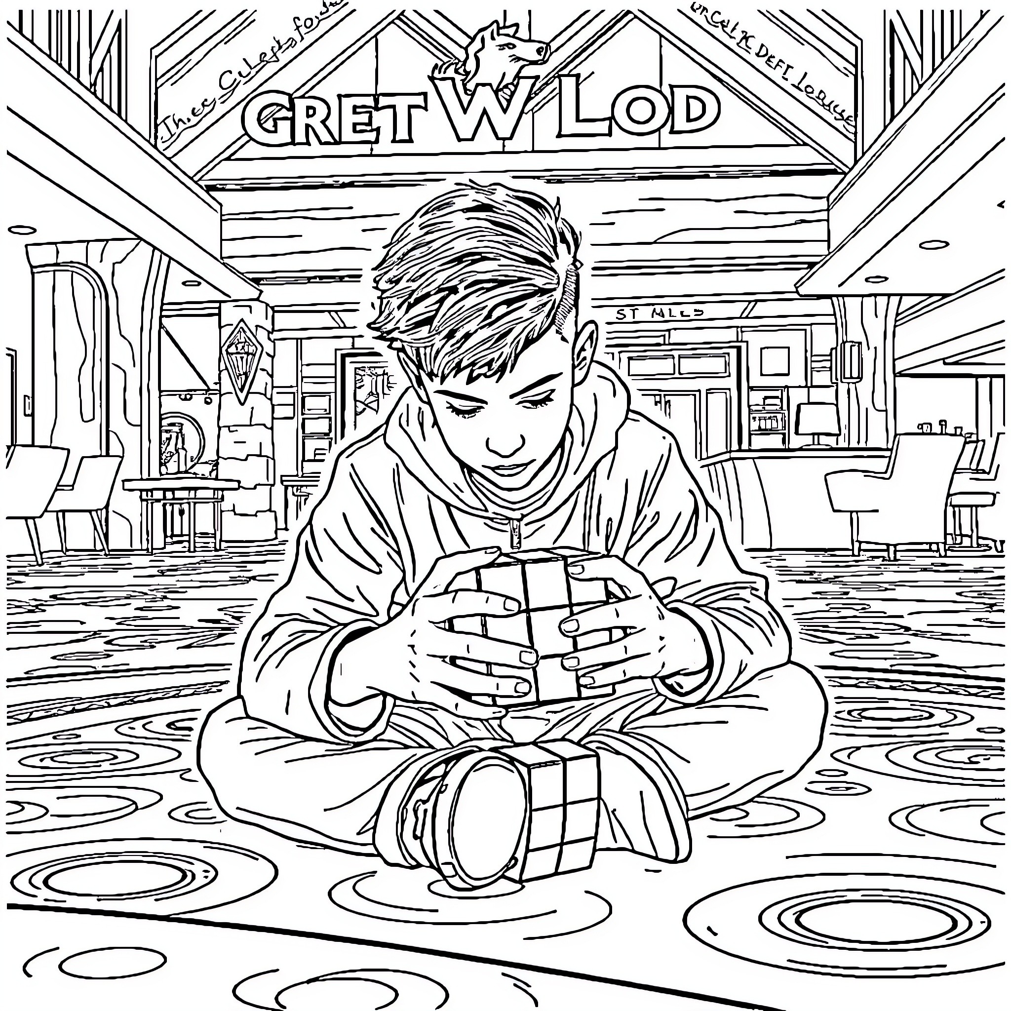 Boy sitting and playing game console in arcade Coloring Page (free black-and-white line drawing printable PDF for all, from beginners to advanced learners, including children, teens, adults, and seniors)