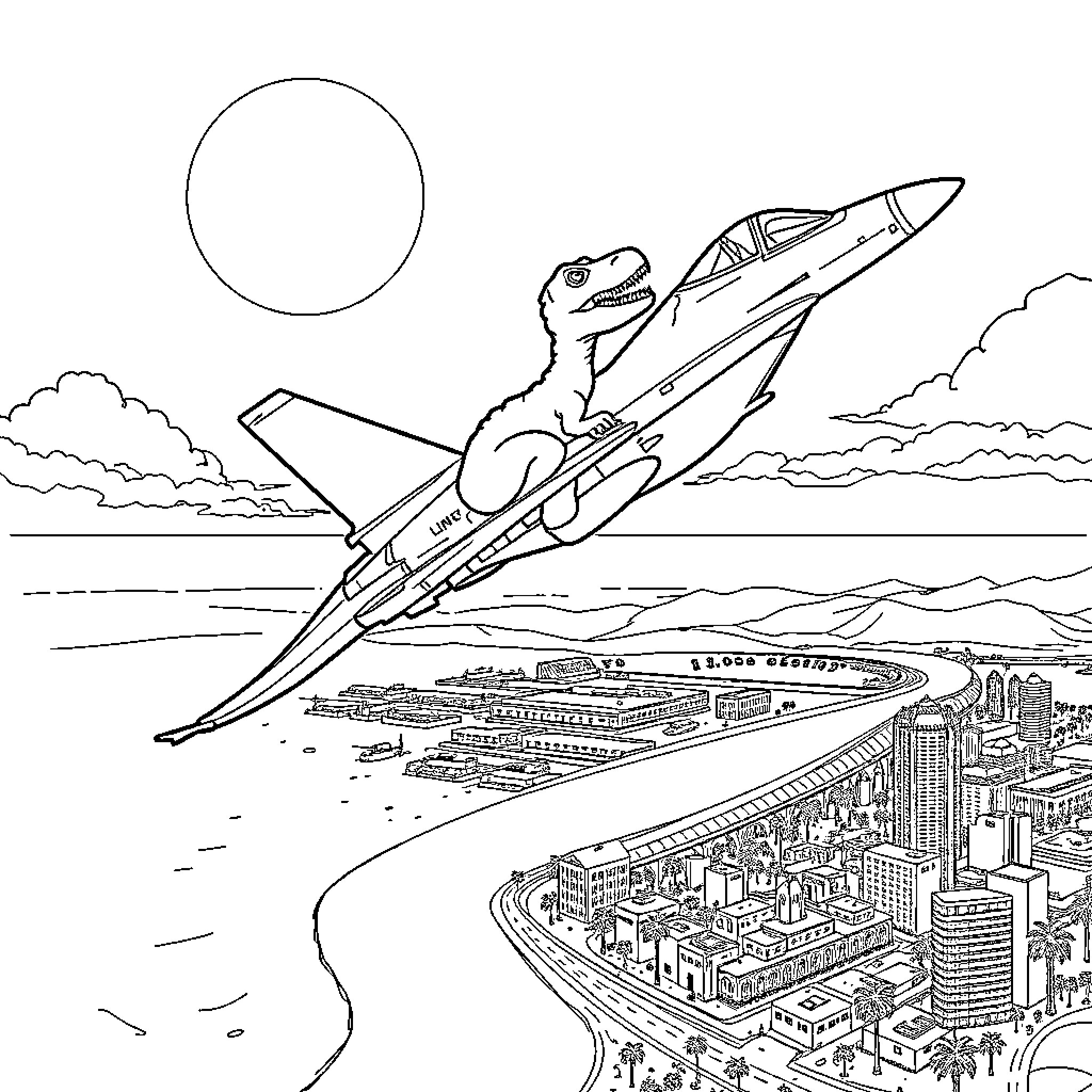 Dinosaur riding a futuristic spacecraft over a cityscape Coloring Page (free black-and-white line drawing printable PDF for all, from beginners to advanced learners, including children, teens, adults, and seniors)