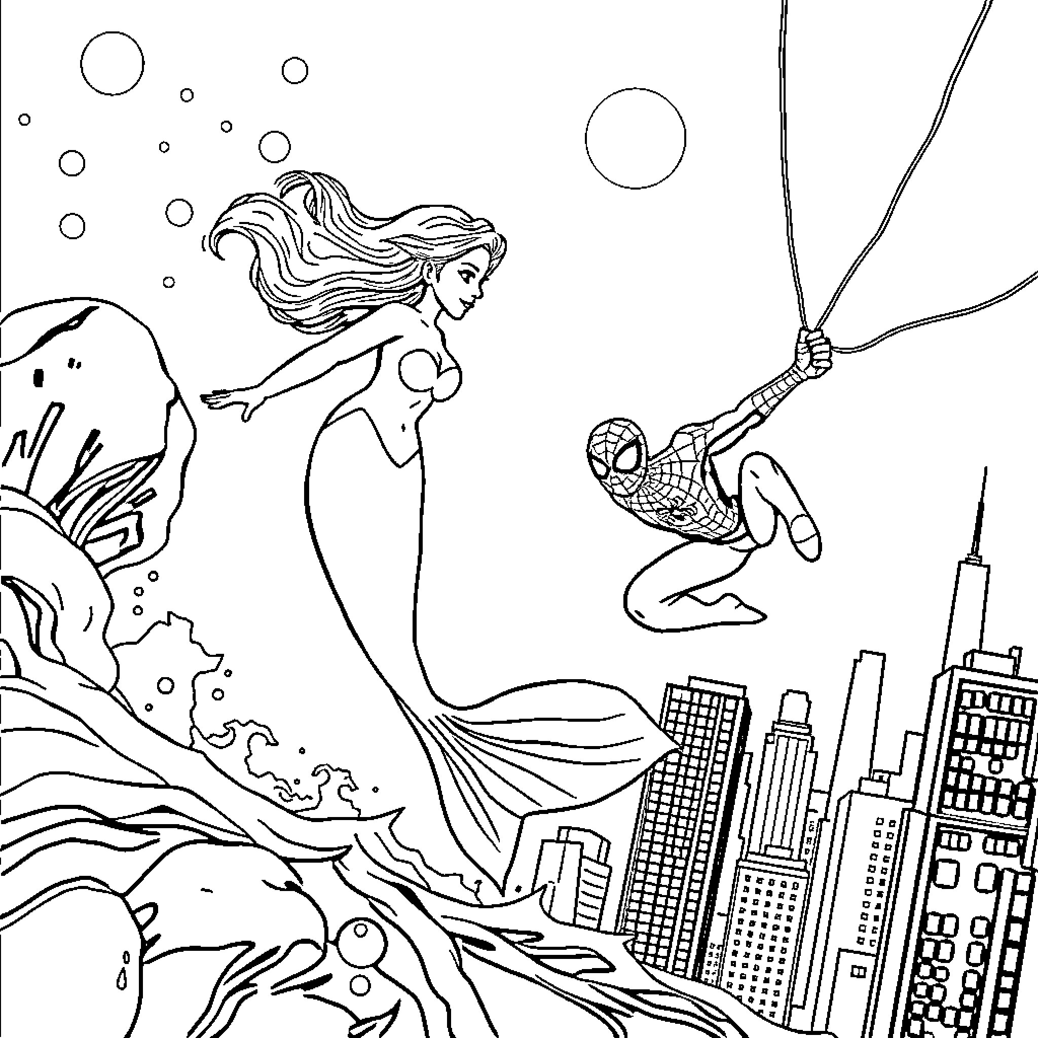 Mermaid swimming gracefully in the city skyline Coloring Page (free black-and-white line drawing printable PDF for all, from beginners to advanced learners, including children, teens, adults, and seniors)