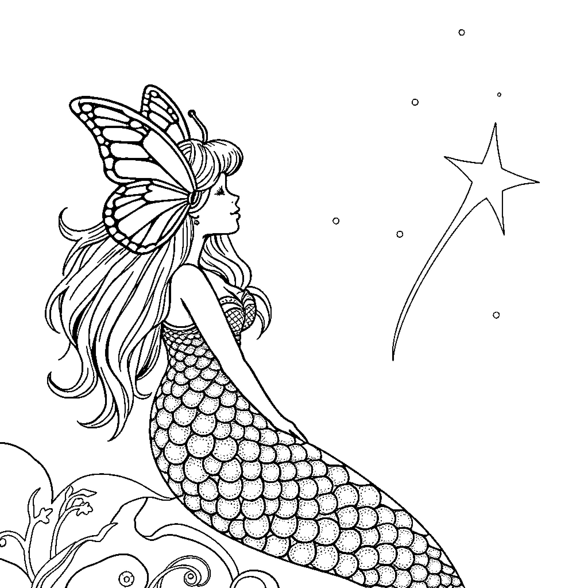 Mermaid gazing at a shining star in the night sky Coloring Page (free black-and-white line drawing printable PDF for all, from beginners to advanced learners, including children, teens, adults, and seniors)