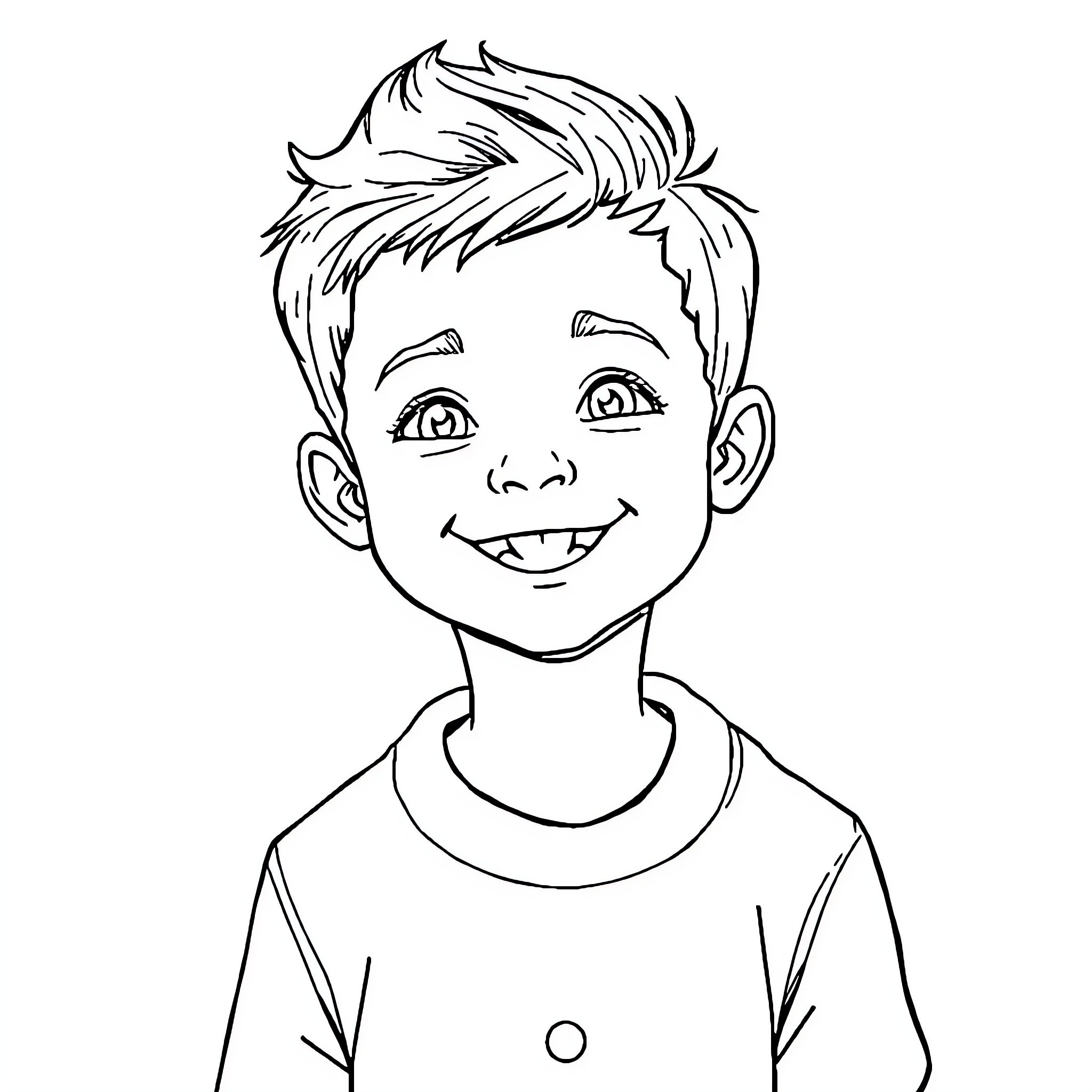Boy with happy expression and messy hair Coloring Page (free black-and-white line drawing printable PDF for all, from beginners to advanced learners, including children, teens, adults, and seniors)