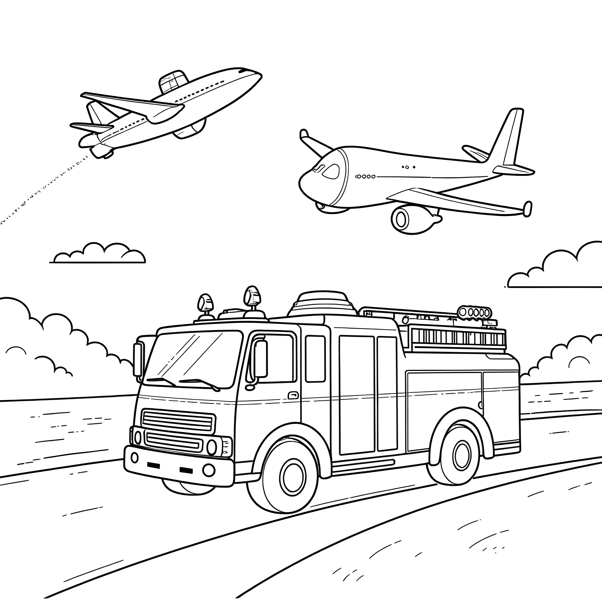 Vehicle Performing Aerial Maneuvers and Ground Transportation Coloring Page (free black-and-white line drawing printable PDF for all, from beginners to advanced learners, including children, teens, adults, and seniors)