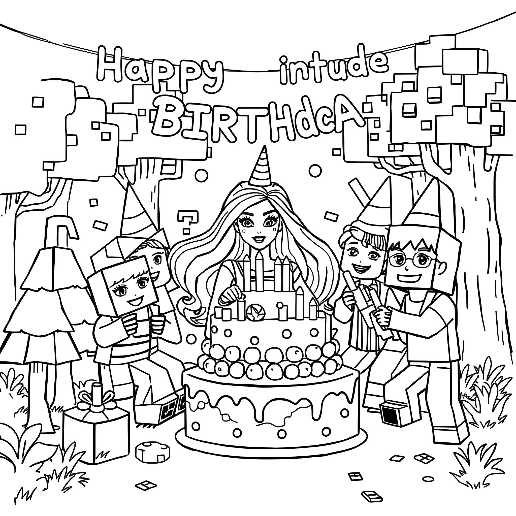 Barbie's Happy Birthday Party with Friends Coloring Page (free black-and-white line drawing printable PDF for all, from beginners to advanced learners, including children, teens, adults, and seniors)