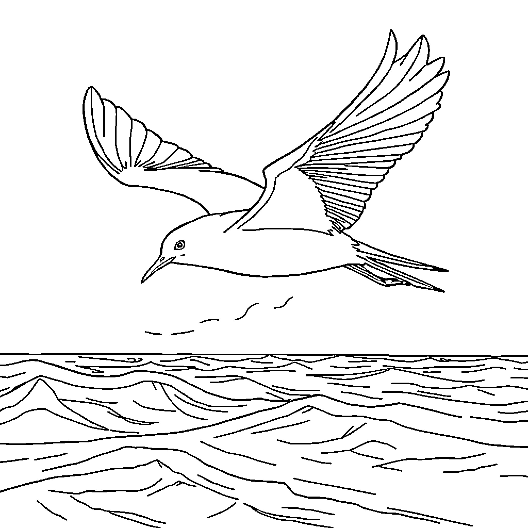 Seagull soaring gracefully over the ocean waves Coloring Page (free black-and-white line drawing printable PDF for all, from beginners to advanced learners, including children, teens, adults, and seniors)