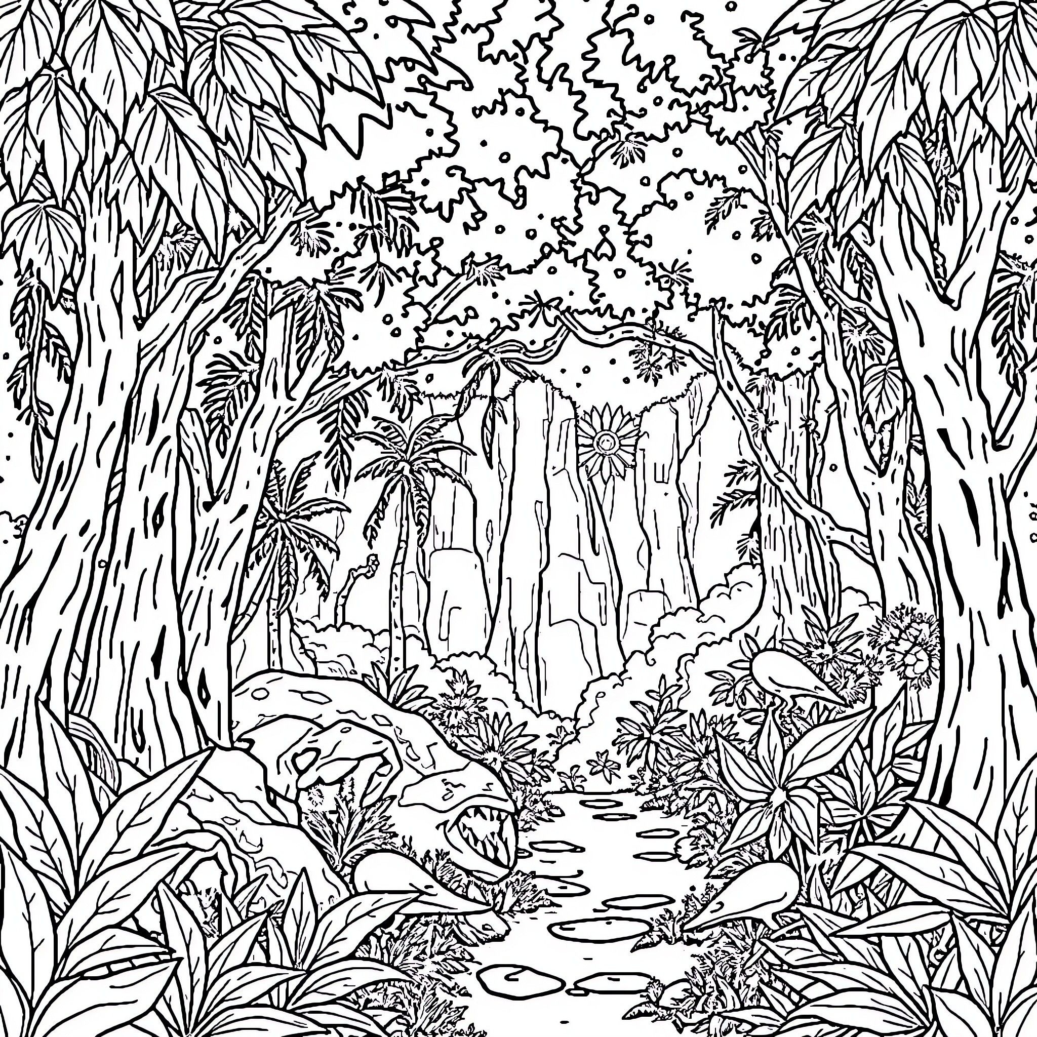 Elephant in Lush Tropical Jungle Landscape Coloring Page (free black-and-white line drawing printable PDF for all, from beginners to advanced learners, including children, teens, adults, and seniors)