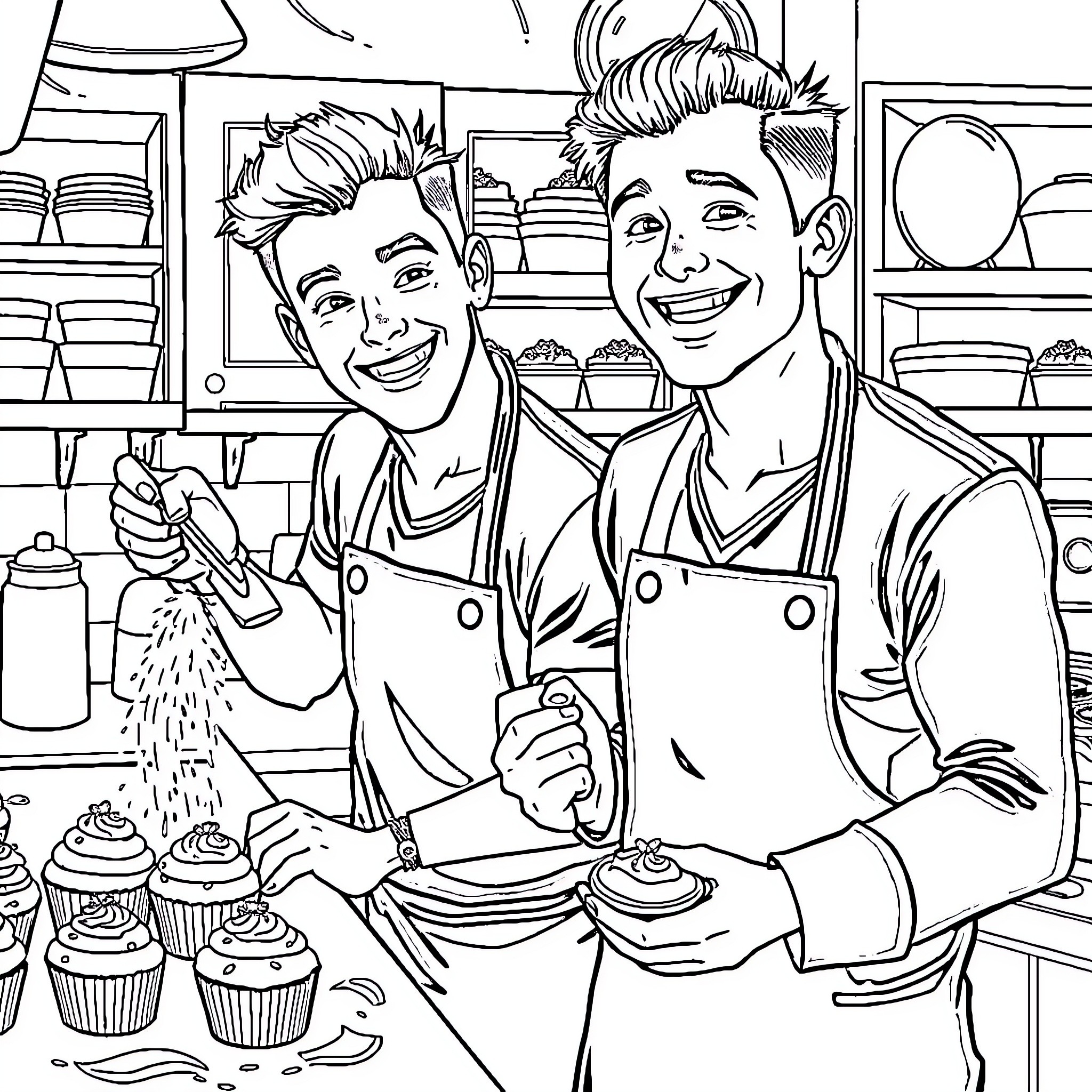 Johnny Lawrence and friend baking cupcakes in the kitchen Coloring Page (free black-and-white line drawing printable PDF for all, from beginners to advanced learners, including children, teens, adults, and seniors)