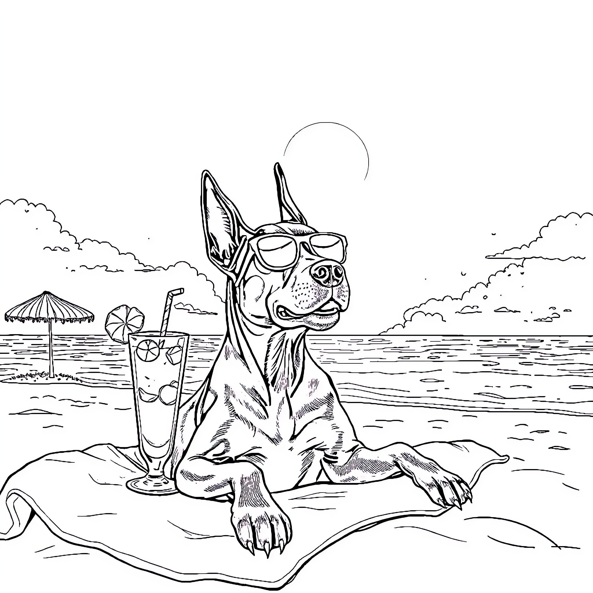 Perro relaxing on the beach with cocktail Coloring Page (free black-and-white line drawing printable PDF for all, from beginners to advanced learners, including children, teens, adults, and seniors)