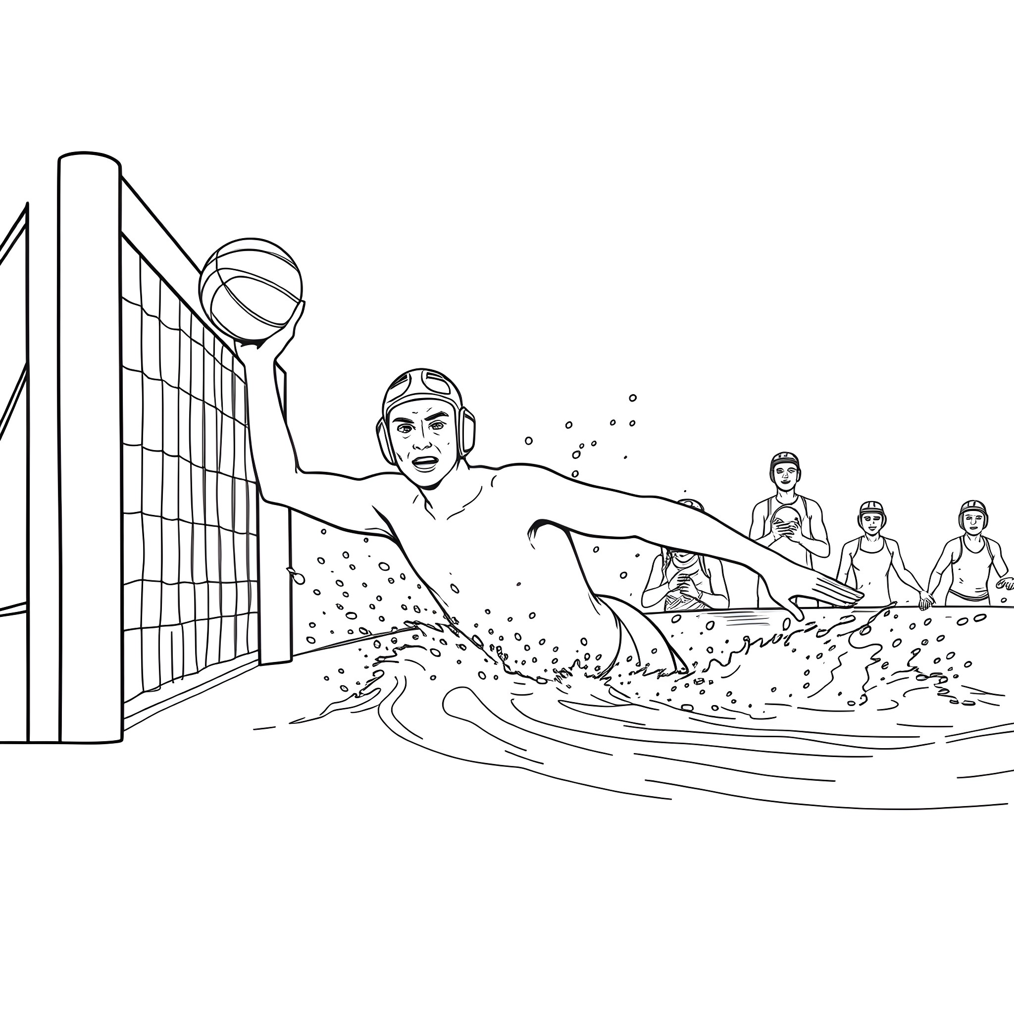 Waterpolo Player Diving into the Pool Coloring Page (free black-and-white line drawing printable PDF for all, from beginners to advanced learners, including children, teens, adults, and seniors)
