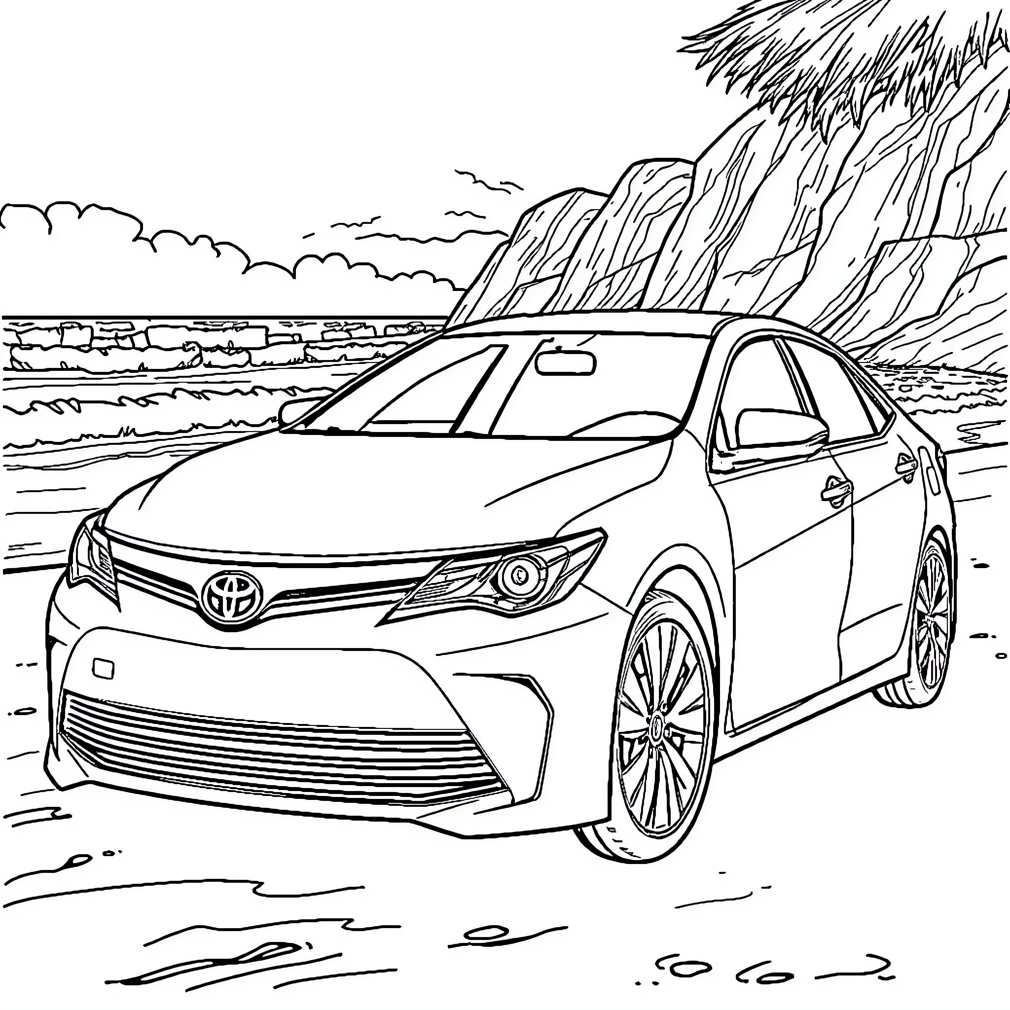 Toyota sedan driving through scenic landscape Coloring Page (free black-and-white line drawing printable PDF for all, from beginners to advanced learners, including children, teens, adults, and seniors)