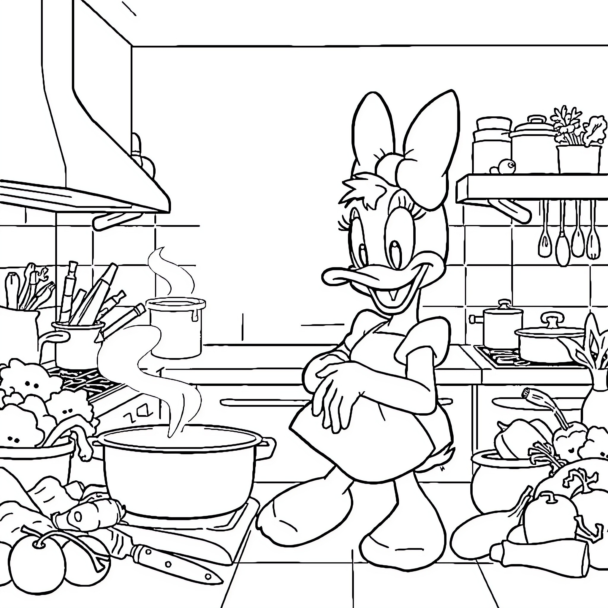 Daisy Duck cooking in the kitchen Coloring Page (free black-and-white line drawing printable PDF for all, from beginners to advanced learners, including children, teens, adults, and seniors)
