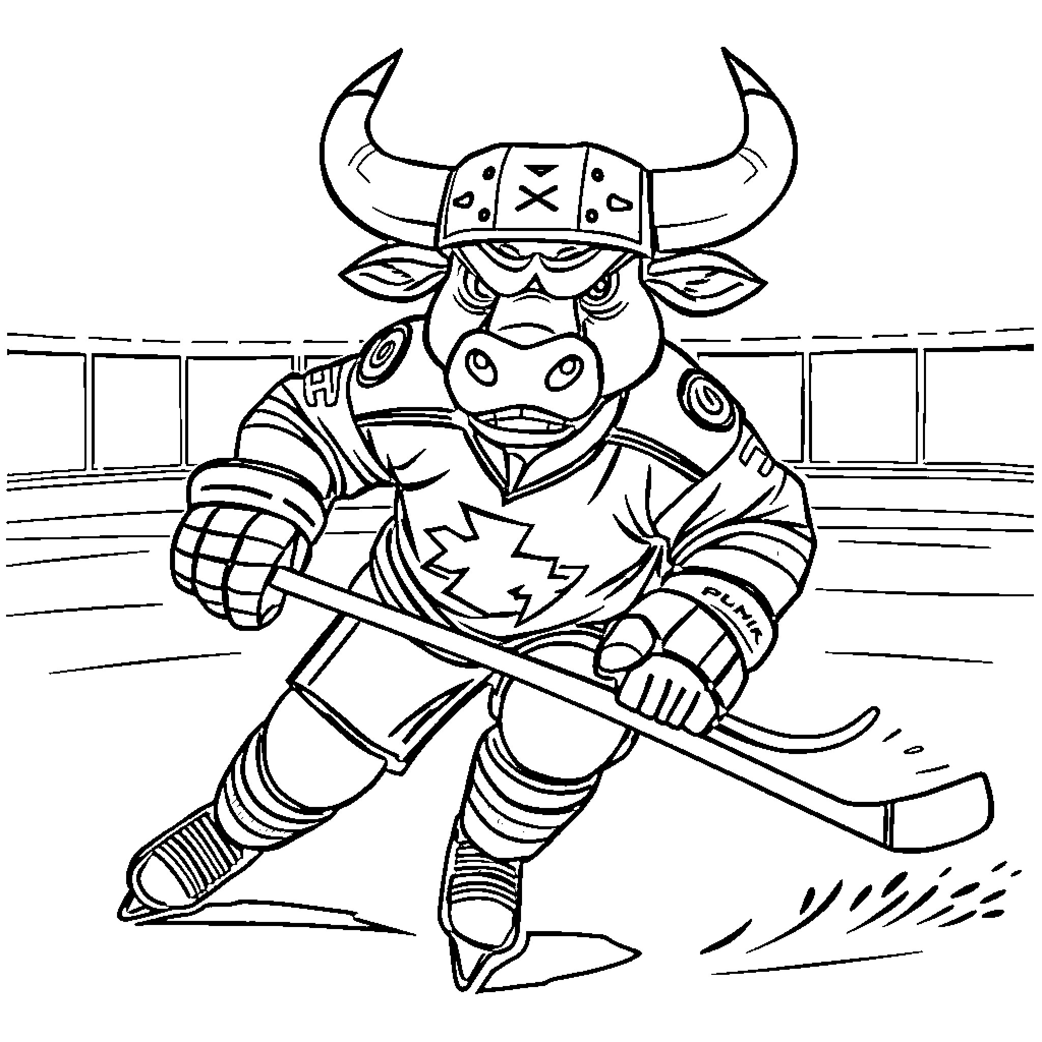 Bull player skating with hockey stick in arena Coloring Page (free black-and-white line drawing printable PDF for all, from beginners to advanced learners, including children, teens, adults, and seniors)