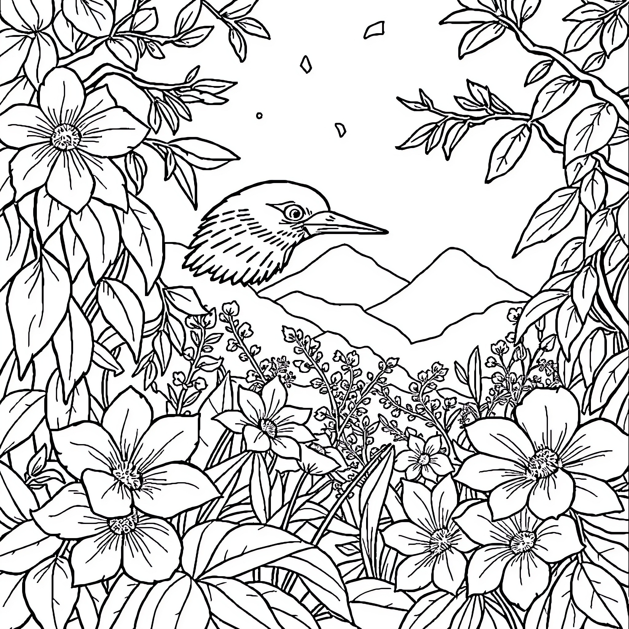Fruit bird perched in a lush floral garden Coloring Page (free black-and-white line drawing printable PDF for all, from beginners to advanced learners, including children, teens, adults, and seniors)